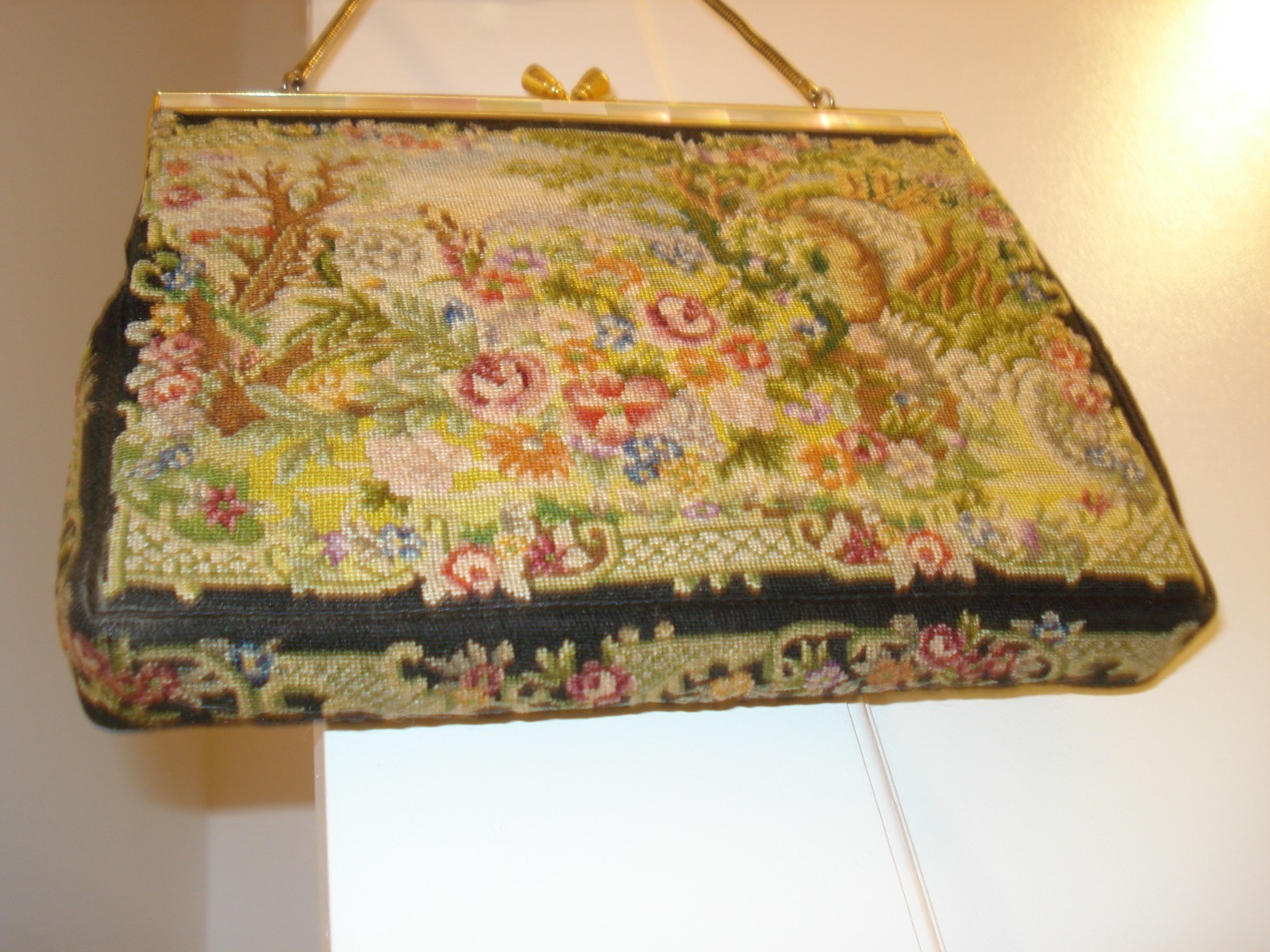 VINTAGE PETIT POINT FLORAL TAPESTRY GOLD METAL MOTHER OF PEARL TRIMMED FRAME