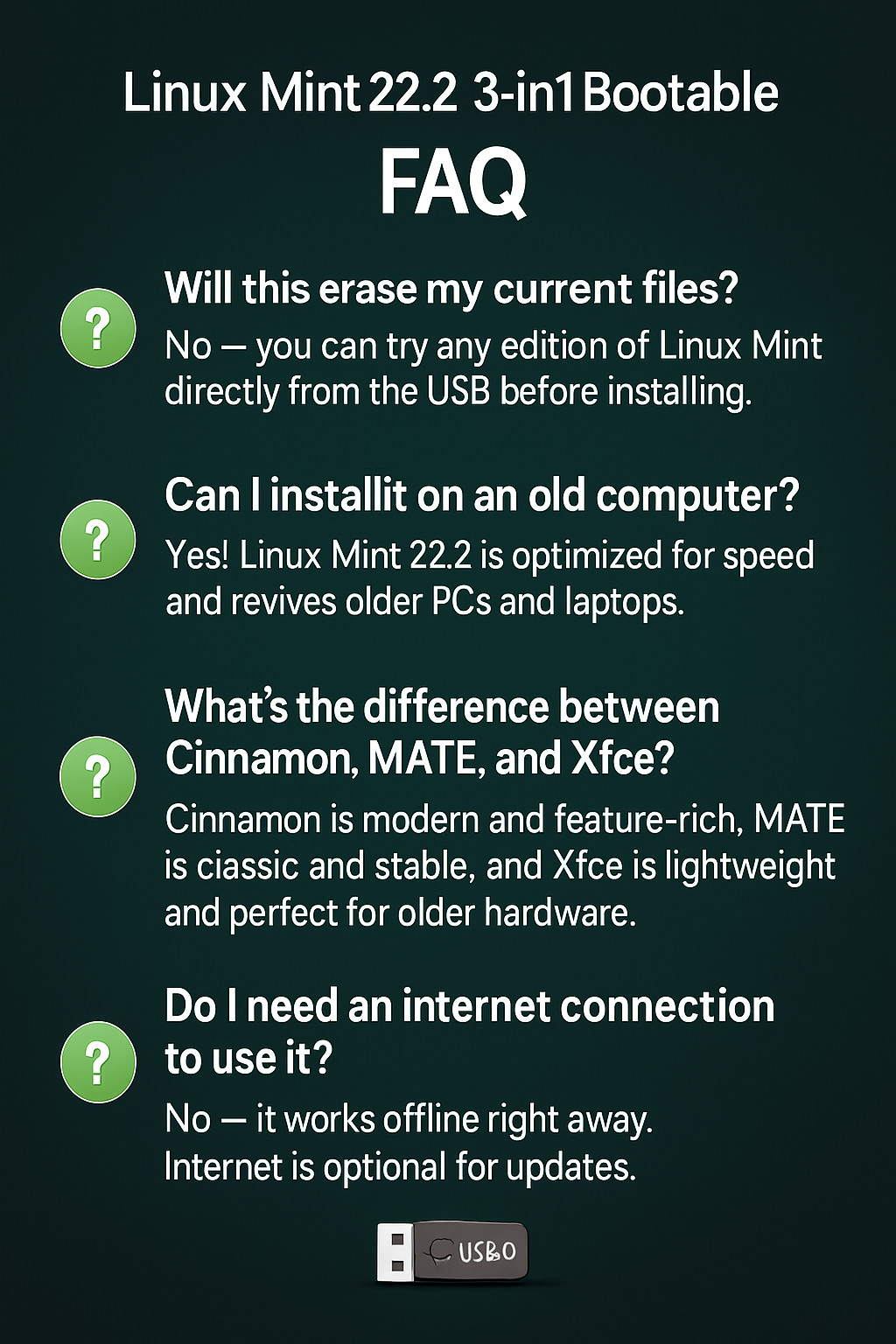 Linux Mint 22.2 3-in-1 Bootable USB (Cinnamon + MATE + Xfce) 64-bit Linux OS USB