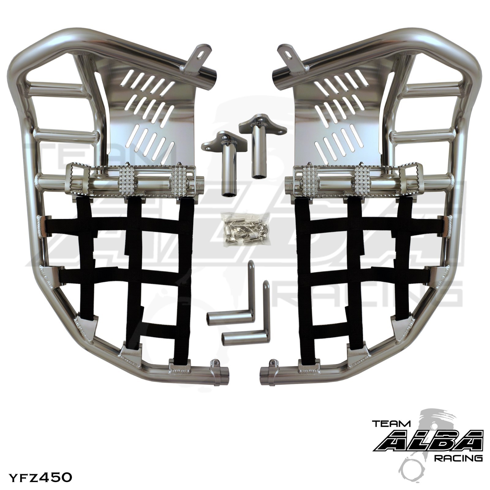 Yamaha YFZ 450  Nerf Bars  Pro Peg Heel Guard  Alba Racing  Silver Black 199T7SB