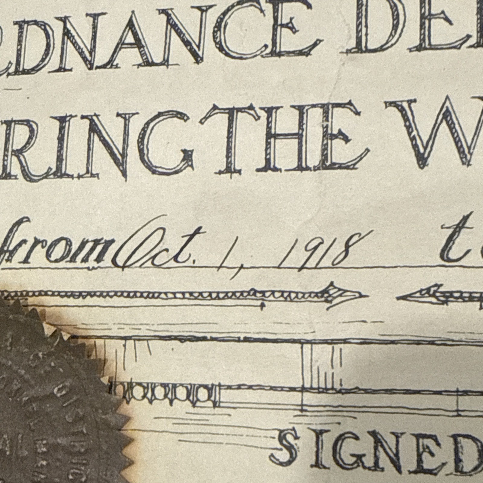 WWI US War Department Certificate of Service Forrest Campbell Chief of Ordnance