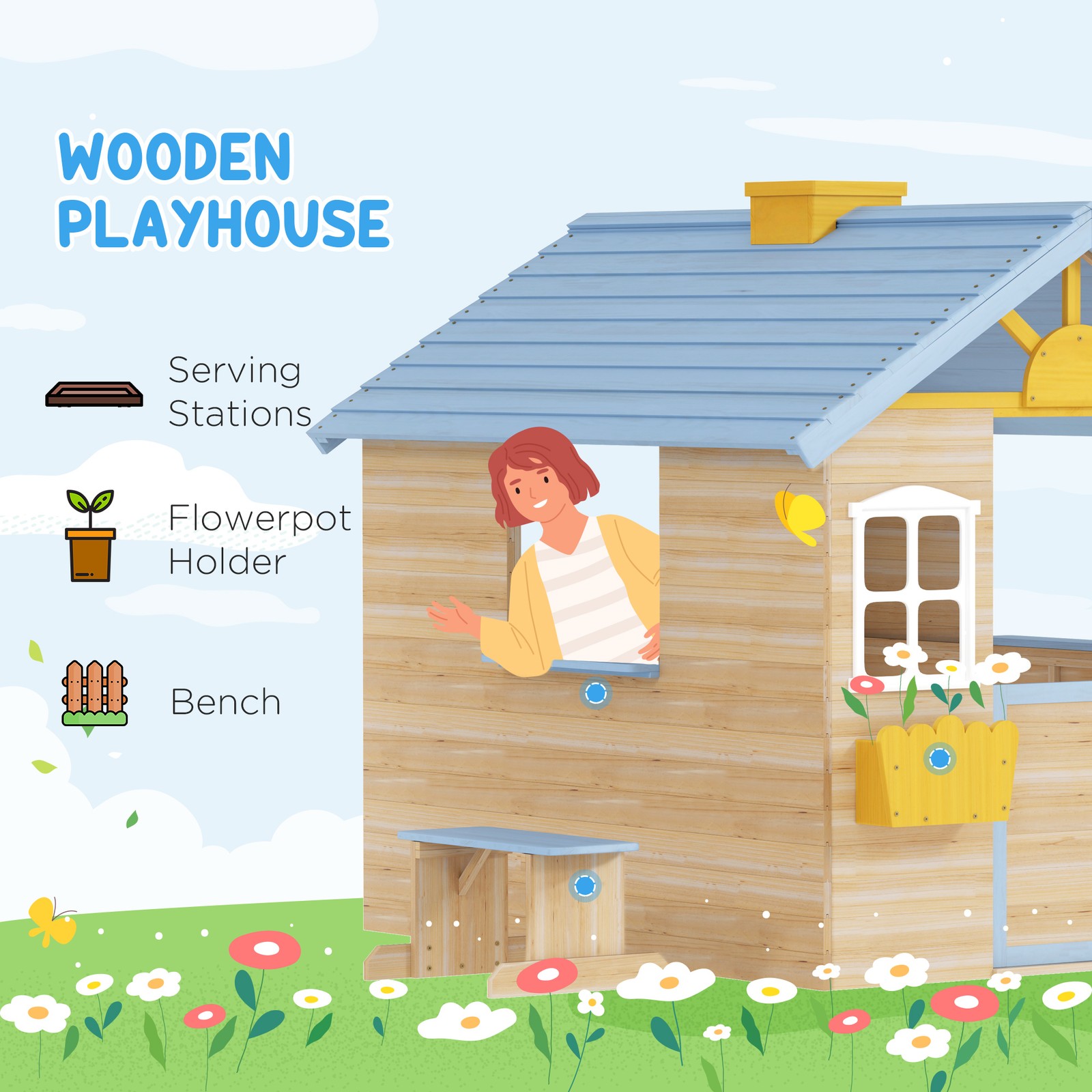 Wooden Kids Playhouse, Garden Pretend Play Games, w/ Flowers Pot Holder