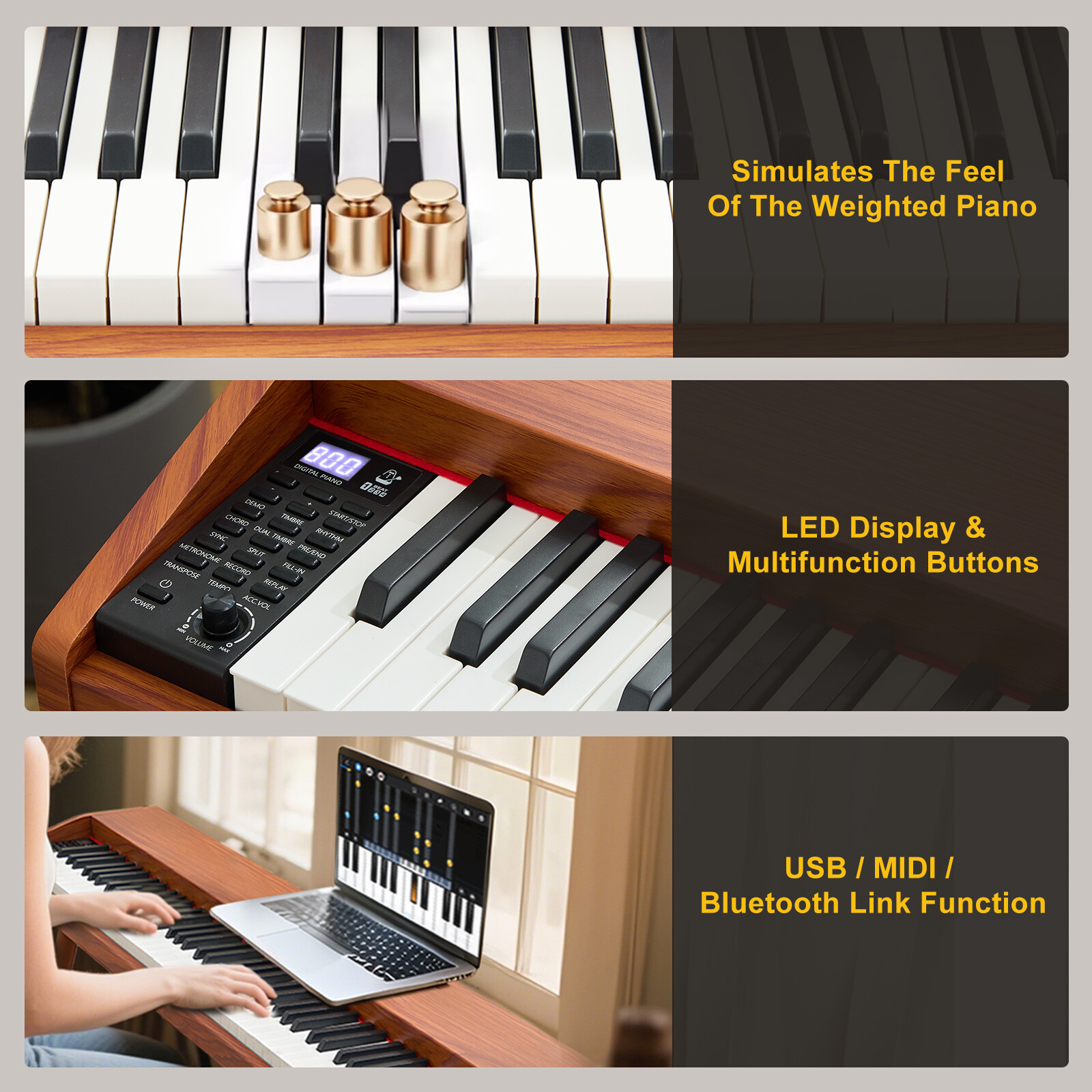MUSTAR 88-Key Semi-Weighted Digital Piano with USB MIDI, Brown