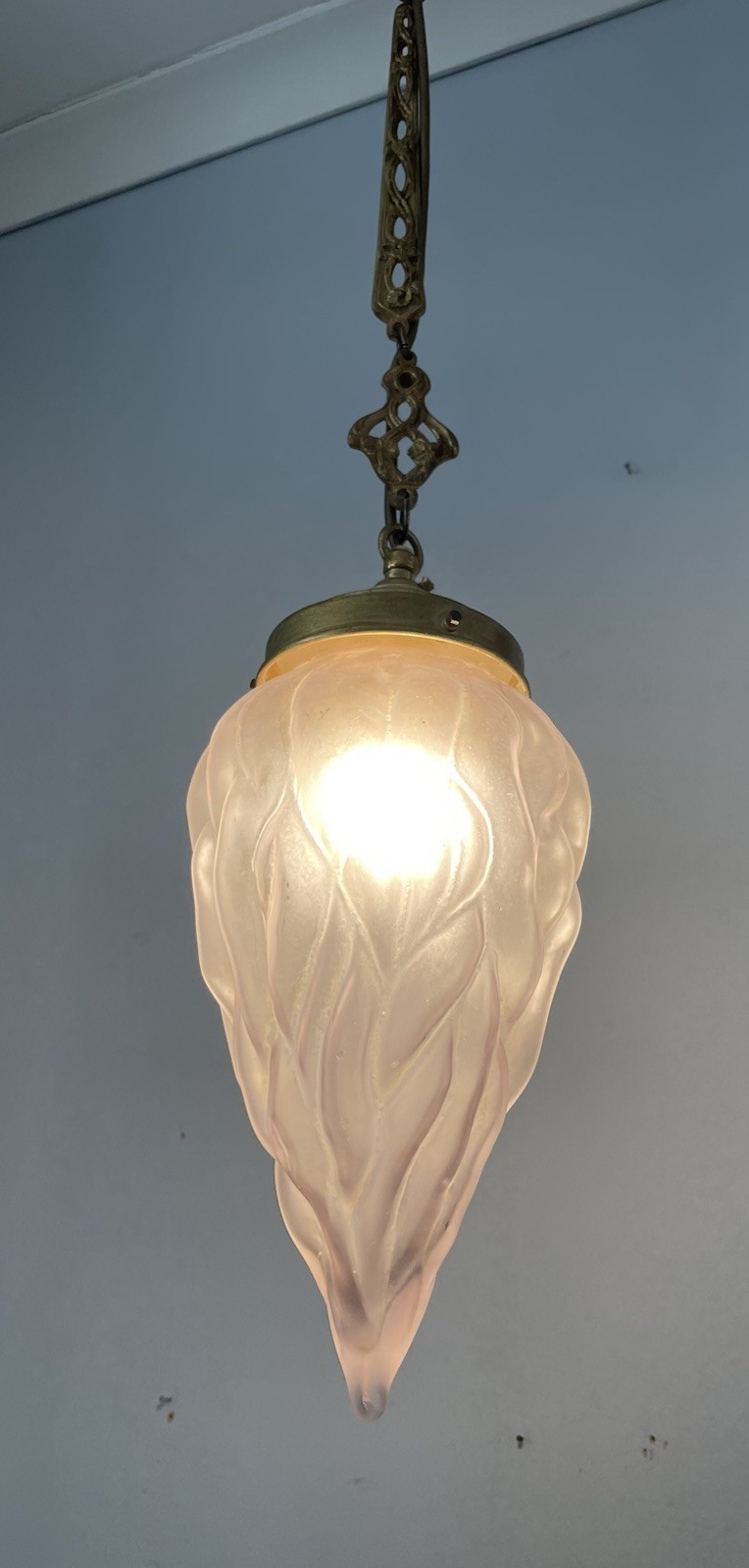 Art Deco French Ceiling Light With Hand Blown Flame Shade And Brass Fitting
