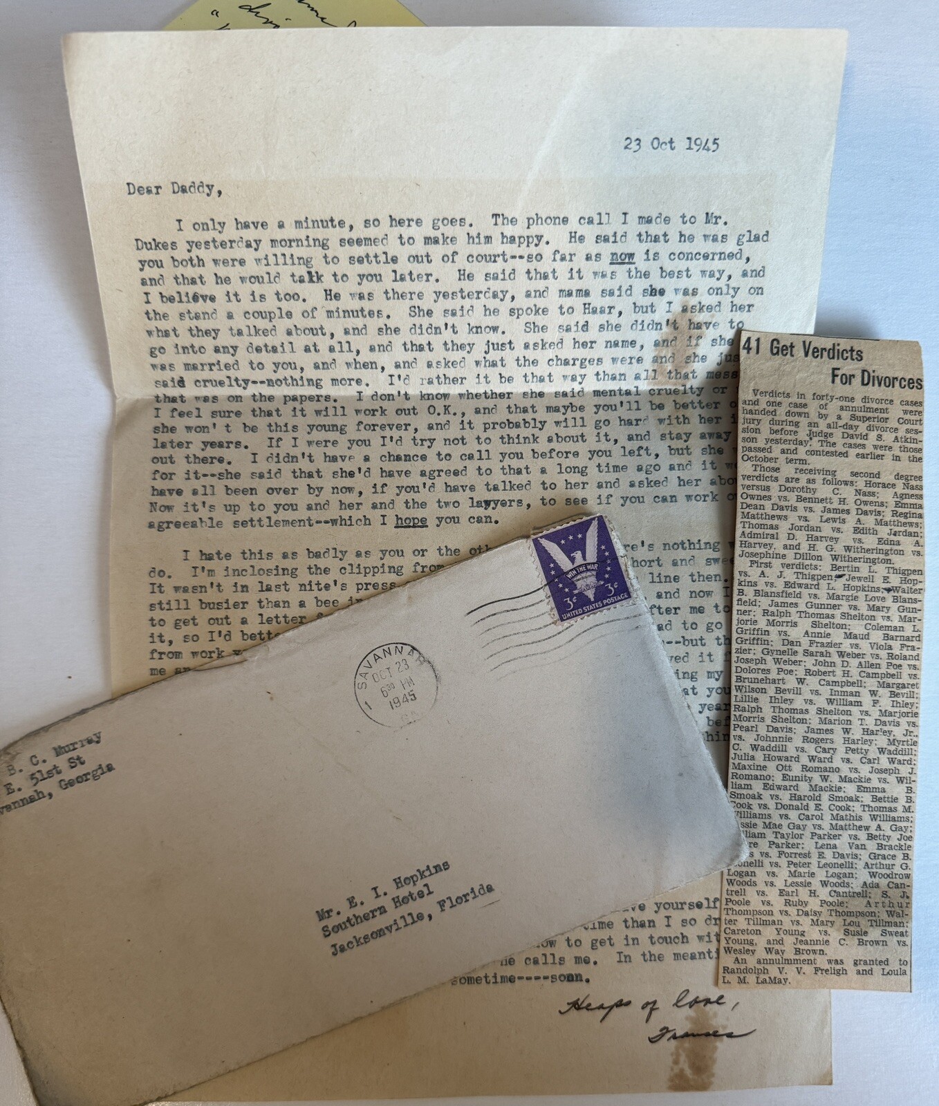Personal Letter About Divorce 1945 Typed Article Clipping Correspondence