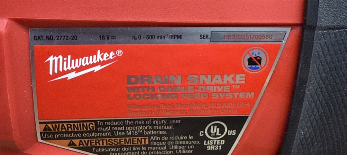 Milwaukee 2772A-21 M18 FUEL 18V 5/16-Inch x 35-Foot Cordless Drain Snake P2-12