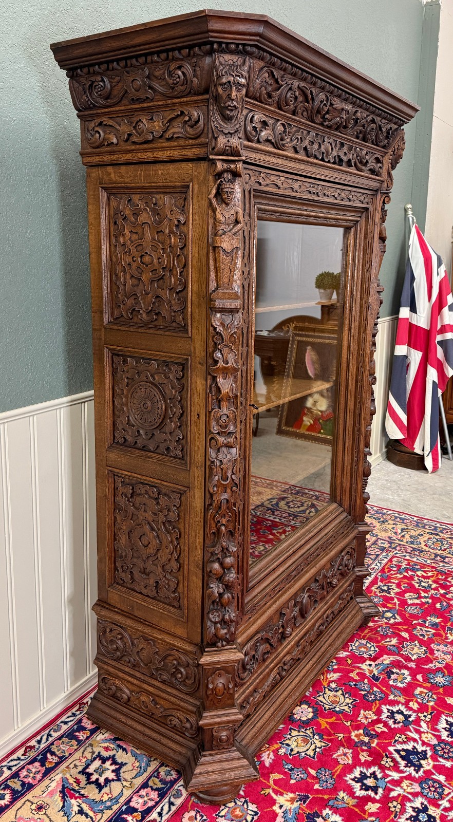 Antique French Renaissance Revival Bookcase Cabinet Side Doors Oak c. 1880s
