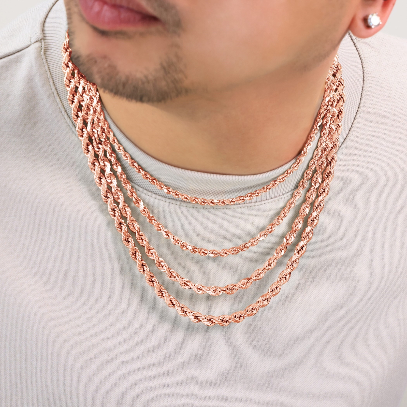 10K Rose Gold 1.5mm-6mm Diamond Cut Rope Chain Necklace Mens Womens 16"-30"