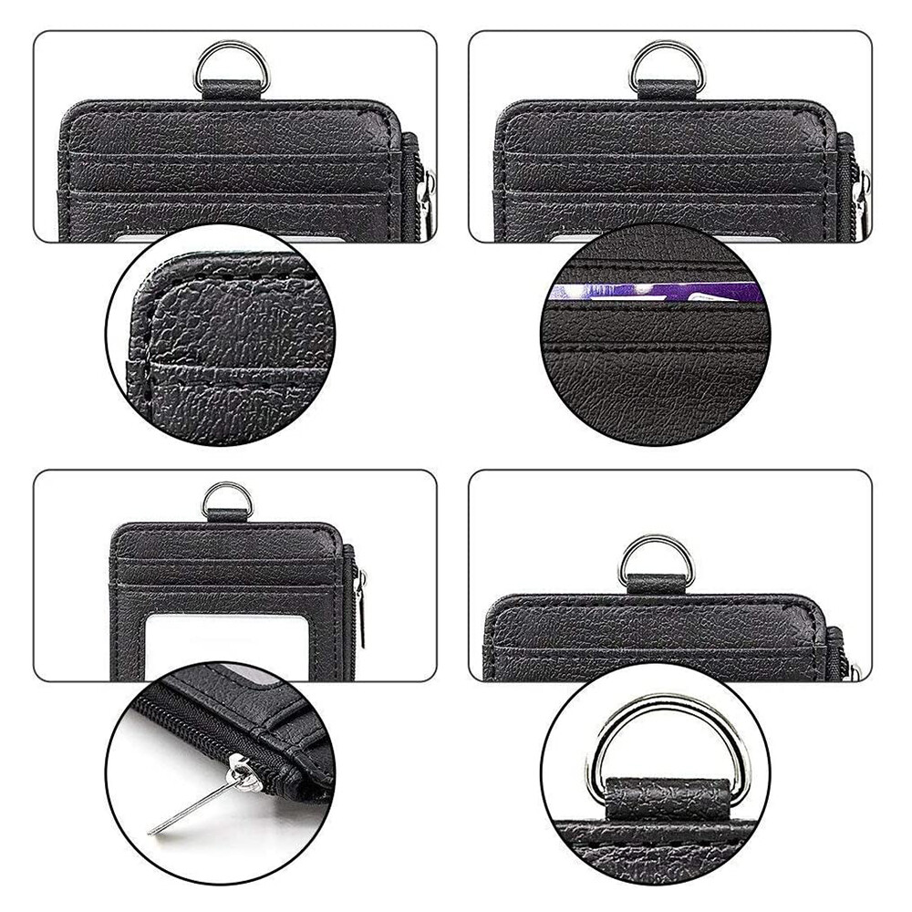 Leather ID Card Holder Vertical badge Wallet Multiple Slots Neck Strap Lanyard