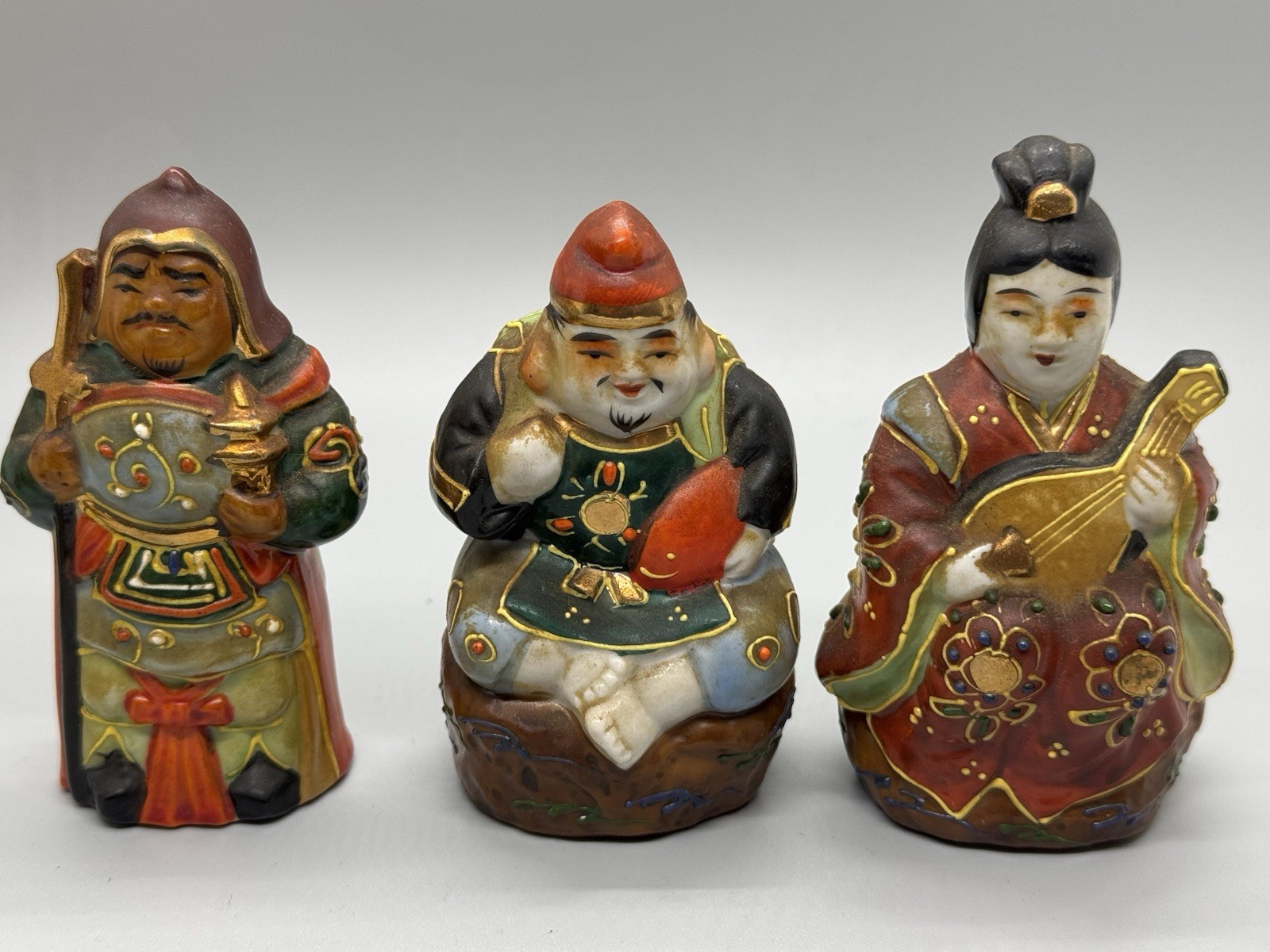 Vintage Kutani Moriage Japanese 7 Lucky Gods Porcelain Figurine Collection