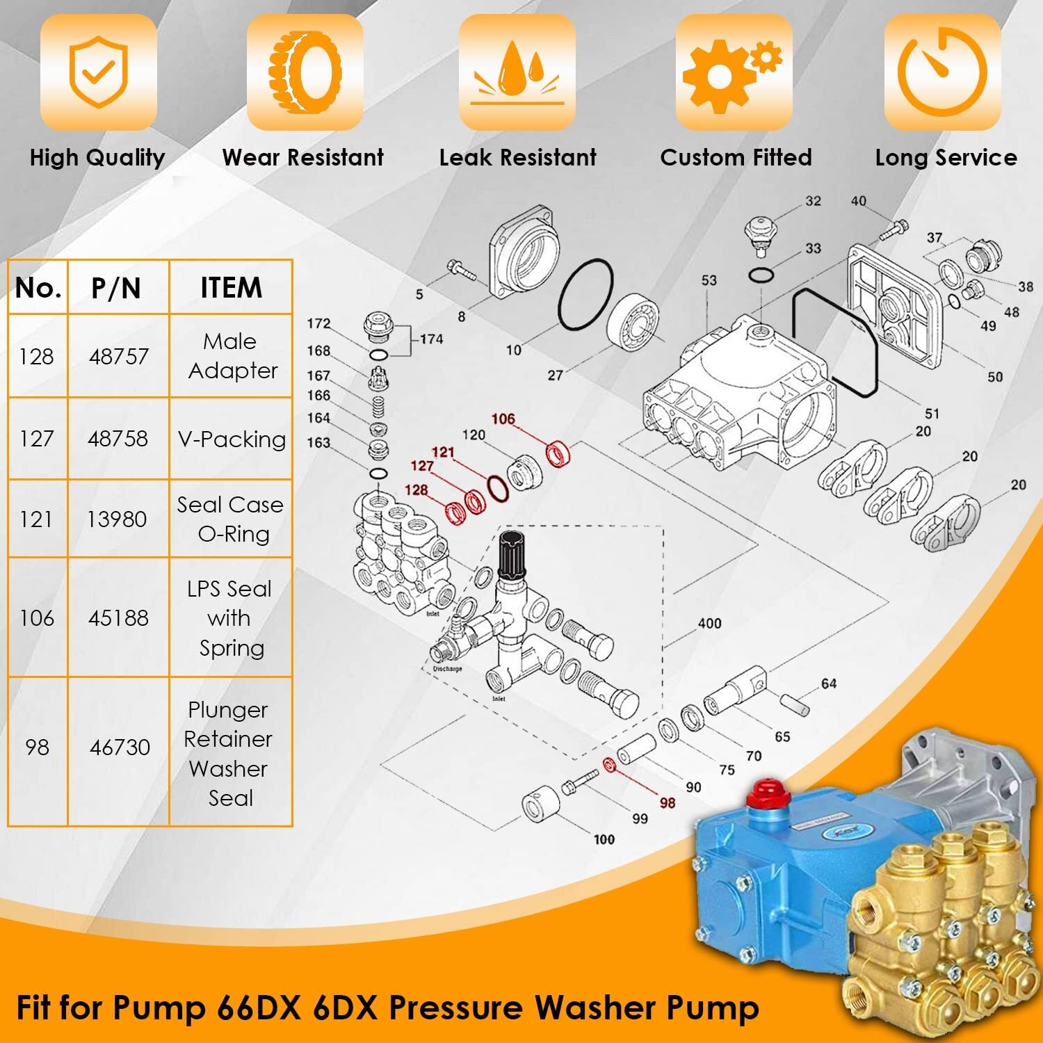 for Cat Pressure Washer Pump 66DX 6DX 6DX40G1I 66DX40G1I 6DX35G1I Seal Kit 34262