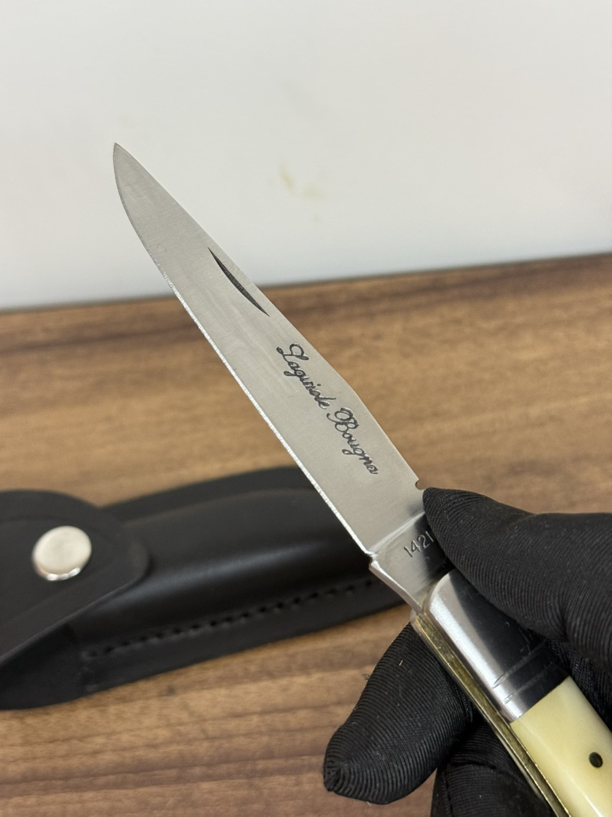 Vintage Laquiole Pocket Knife Blade Steel Antler Handle Leather Sheath Mens Rare