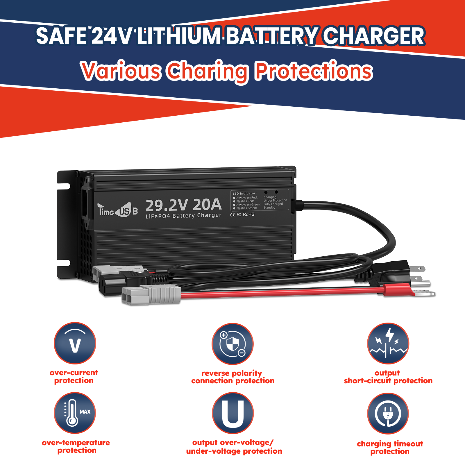 29.2V 20A LiFePO4 Battery Charger with LED Indicators For 24V Lithium Battery