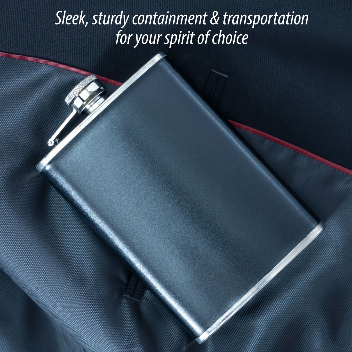 8oz Flask Black Vegan Leather Wrap Stainless Steel Attached Screw Cap Hip Pocket