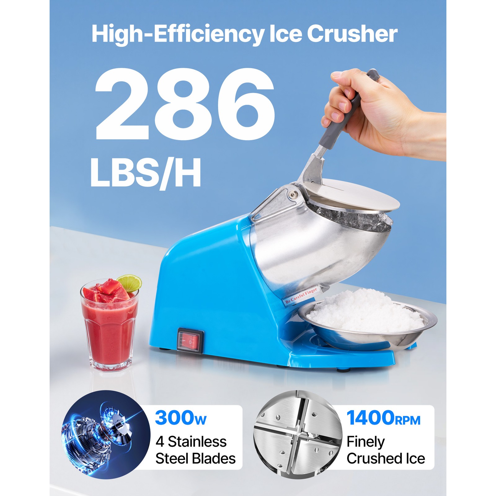 Uimoso Electric Ice Crusher 286LBS/H Shaved Ice Machine for Commercial Use, Blue