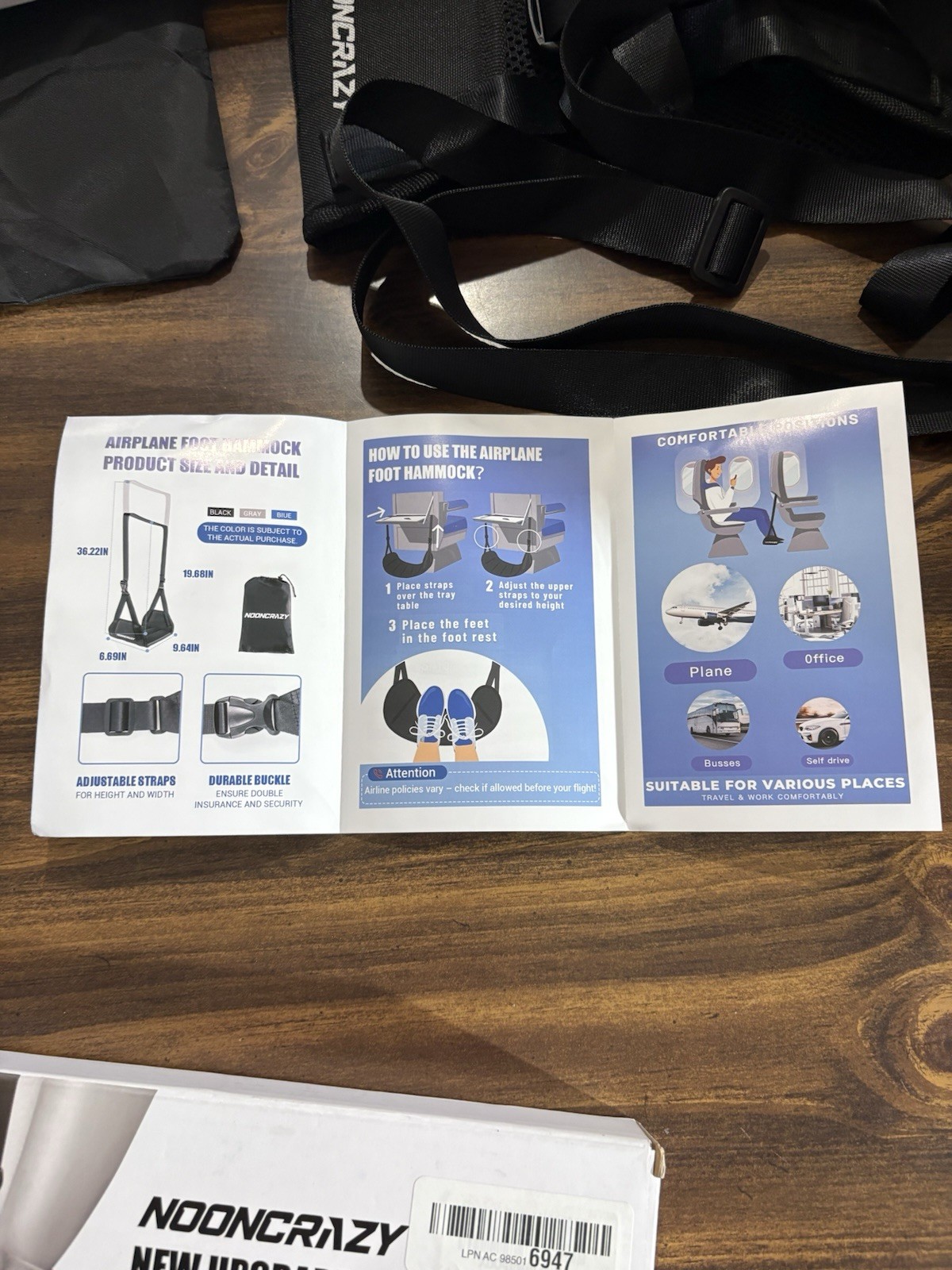 NoonCrazy Airplane Foot Hammock Black Comfort Easy Set Up Packable Lightweight