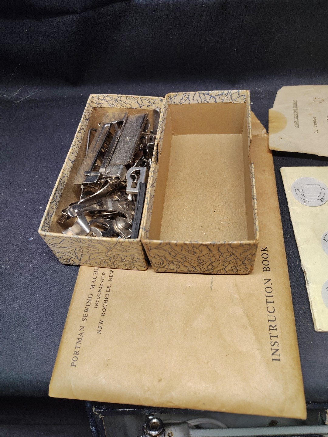 Vintage Portman Sewing Machine Compact Case Pedal Attachments