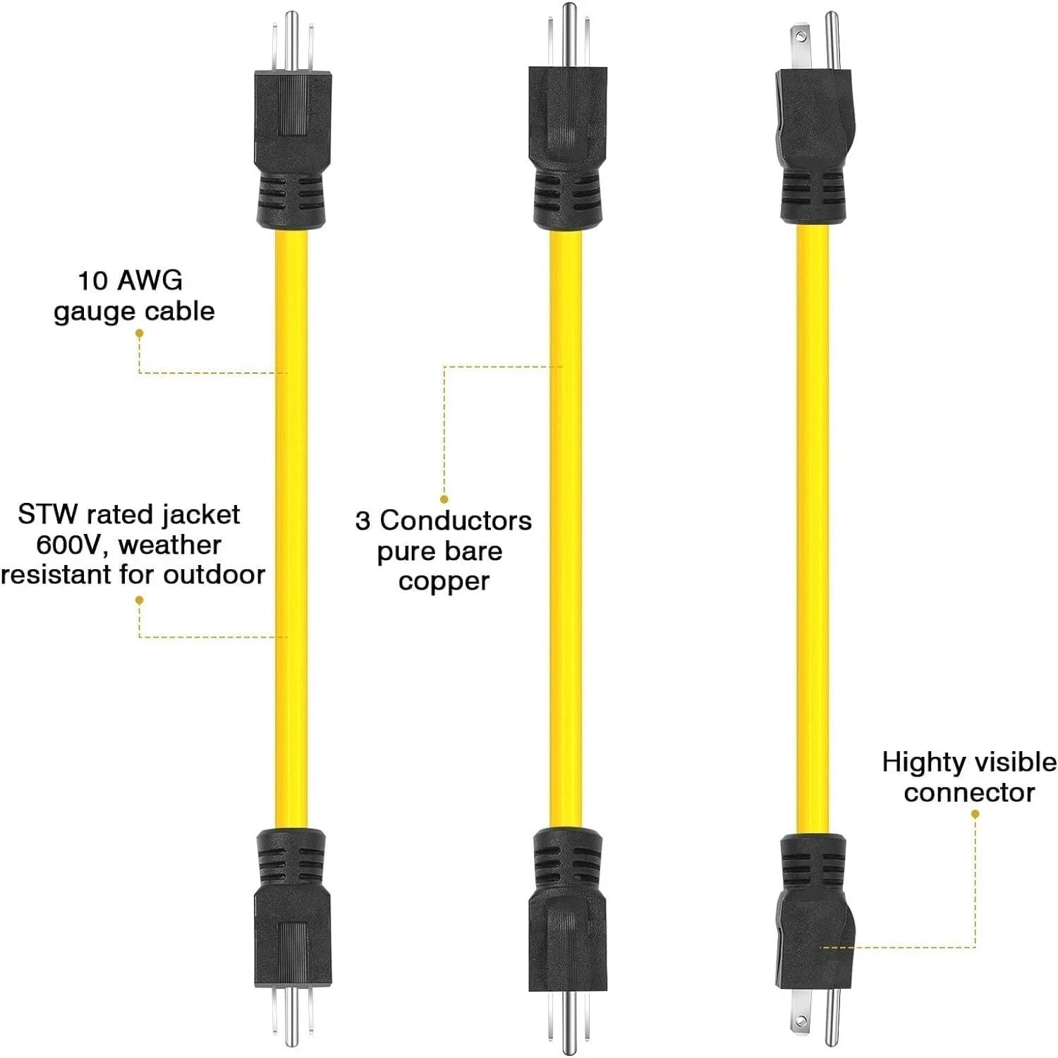 3 Prong Plug 125V Double Male Extension Cord For NEMA 5-15P to 5-15P Yellow 0.6m