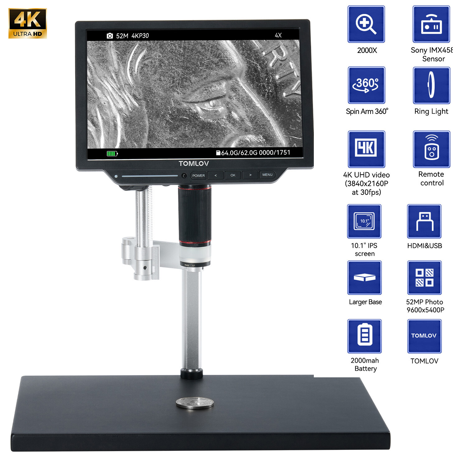 TOMLOV TM4K Max Digital Microscope 2000x 52MP 4K Video LCD Microscope for Adults