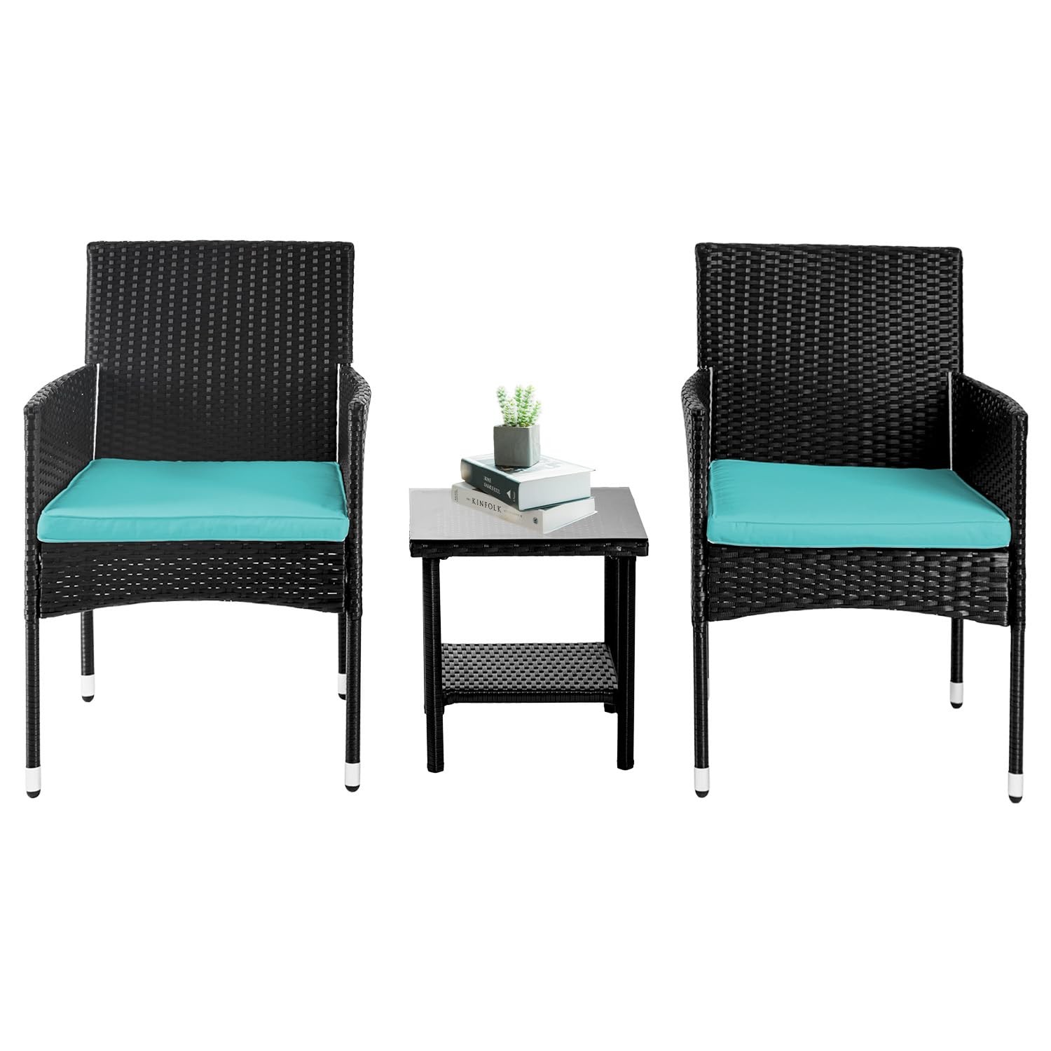 3 Piece Wicker Rattan Patio Furniture Set with Chairs Table Blue
