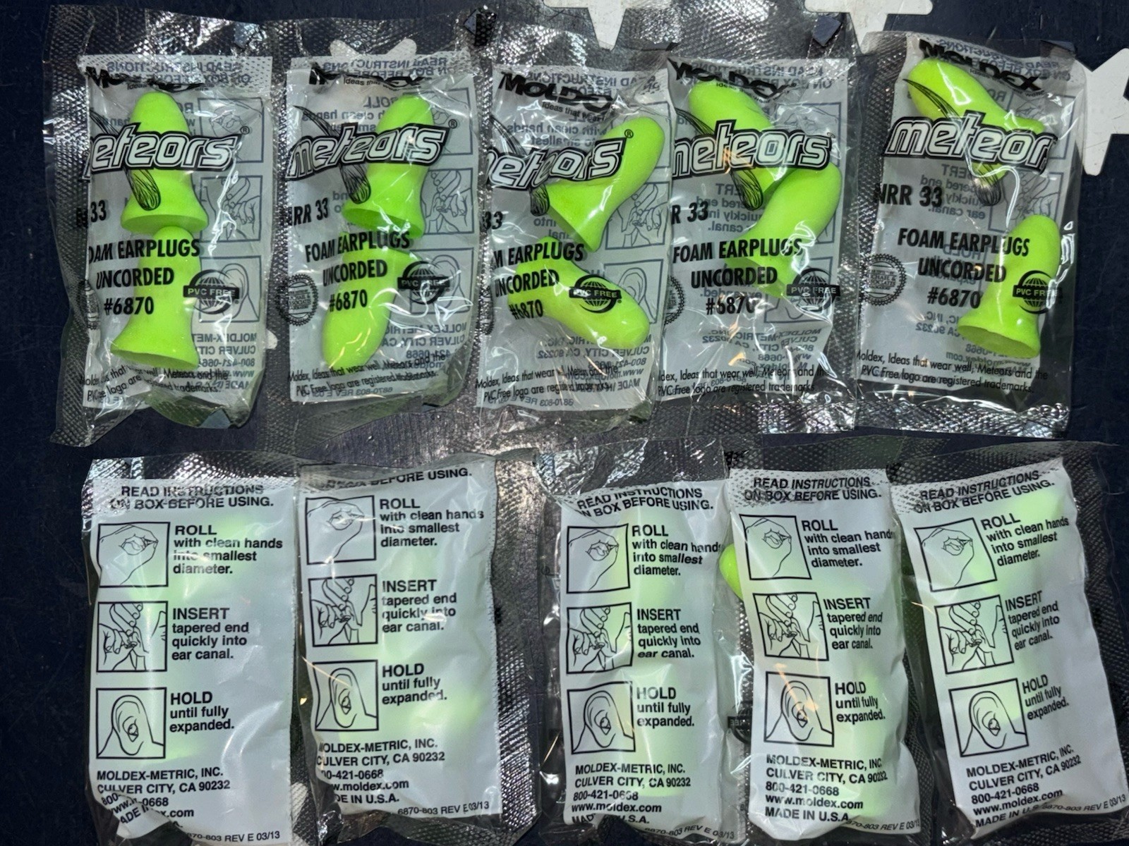 10 Pair Travel Airplane Safe MOLDEX 6870 Meteors NRR 33db Earplugs UNCORDED