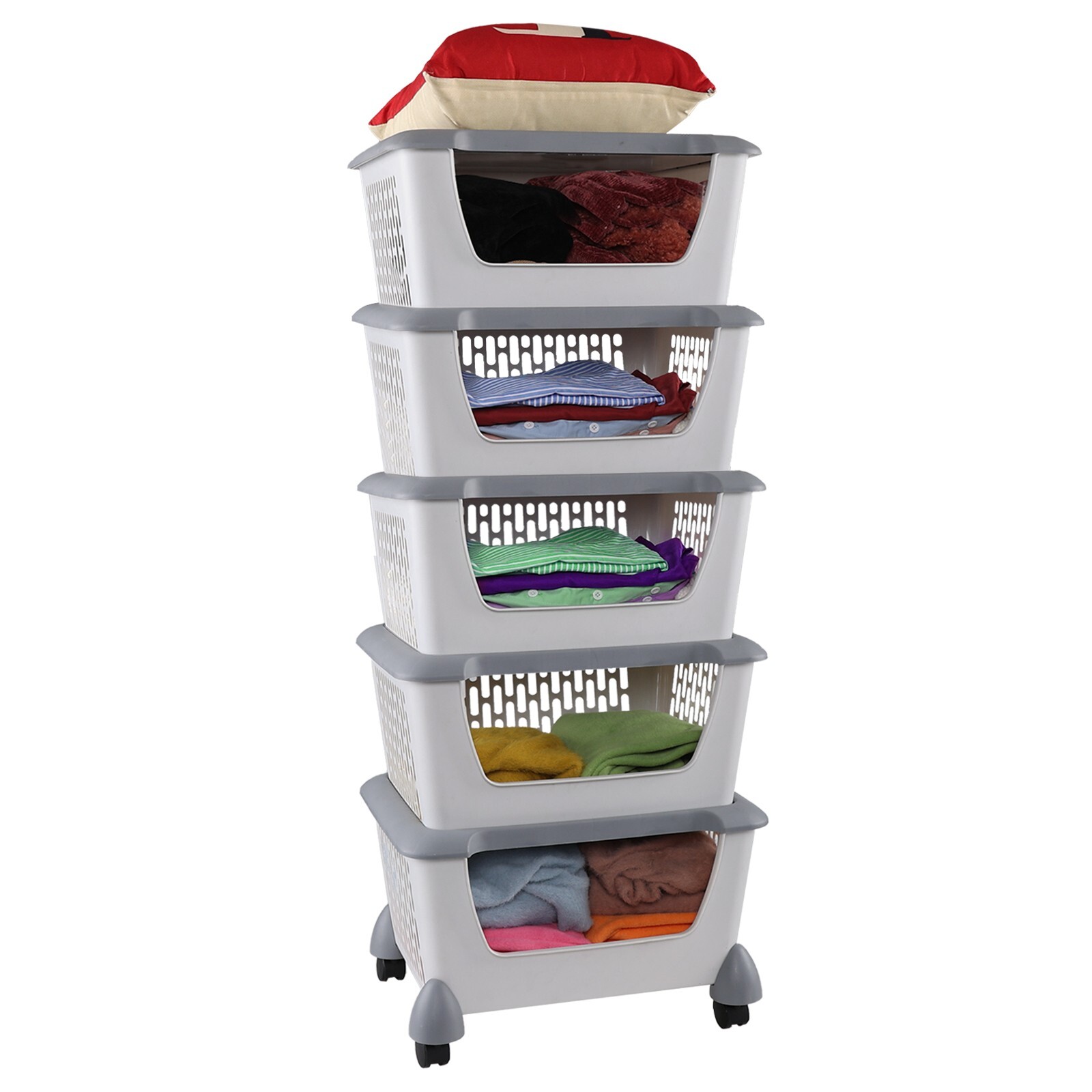 Idotry 5pcs Plastic Stackable Storage Bins - Gray Large Storage Basket w/ Wheels