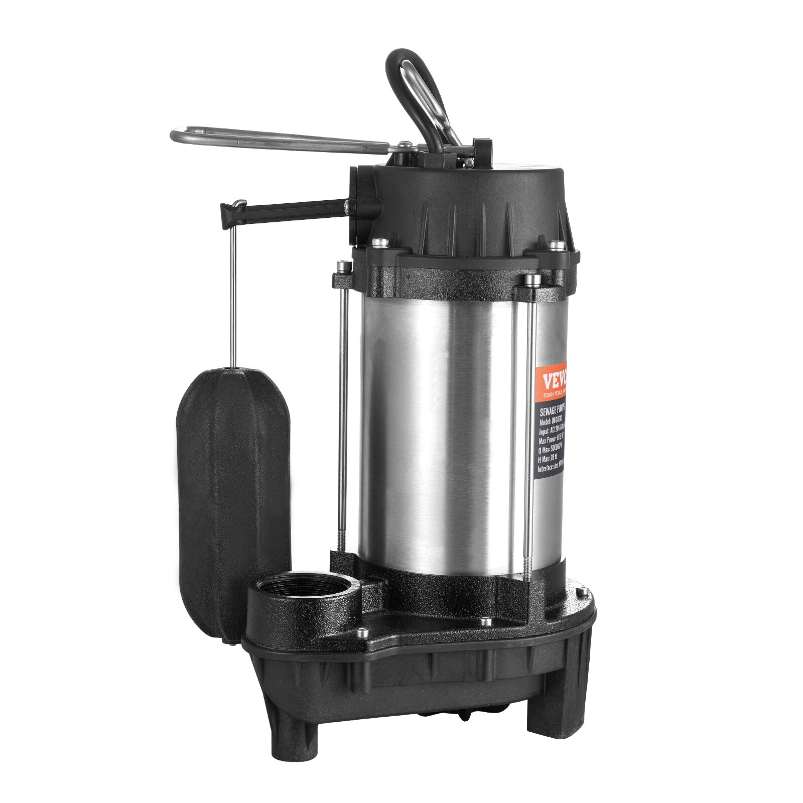 VEVOR Submersible Sewage Pump Water Pump 0.75HP 5000GPH 28 ft Lift for Basement