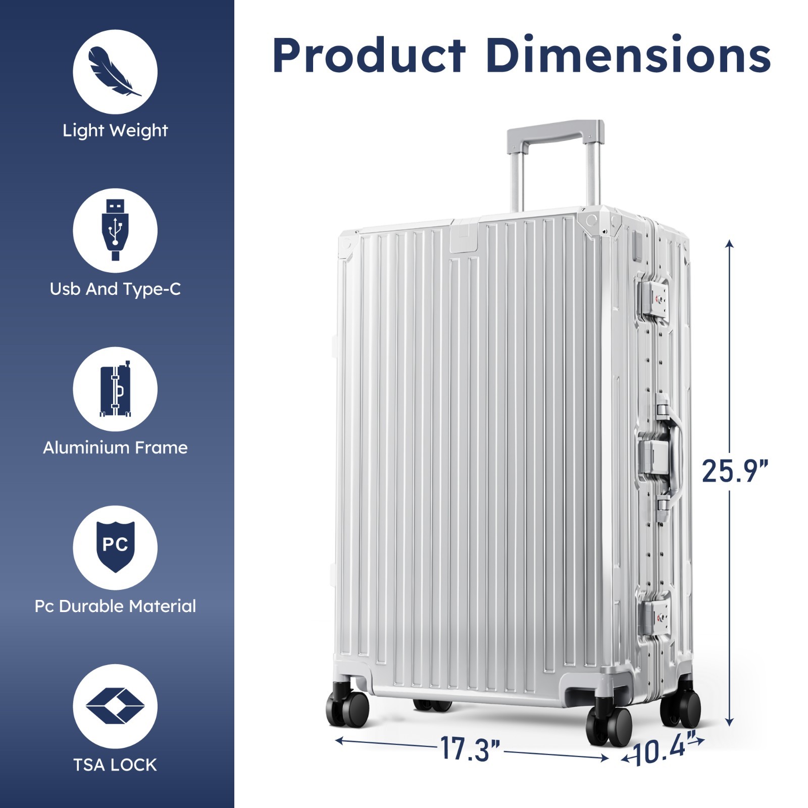 Luggage Aluminum Frame Liggage Hard Shell Travel Suitcase w/ USB Port TSA Lock