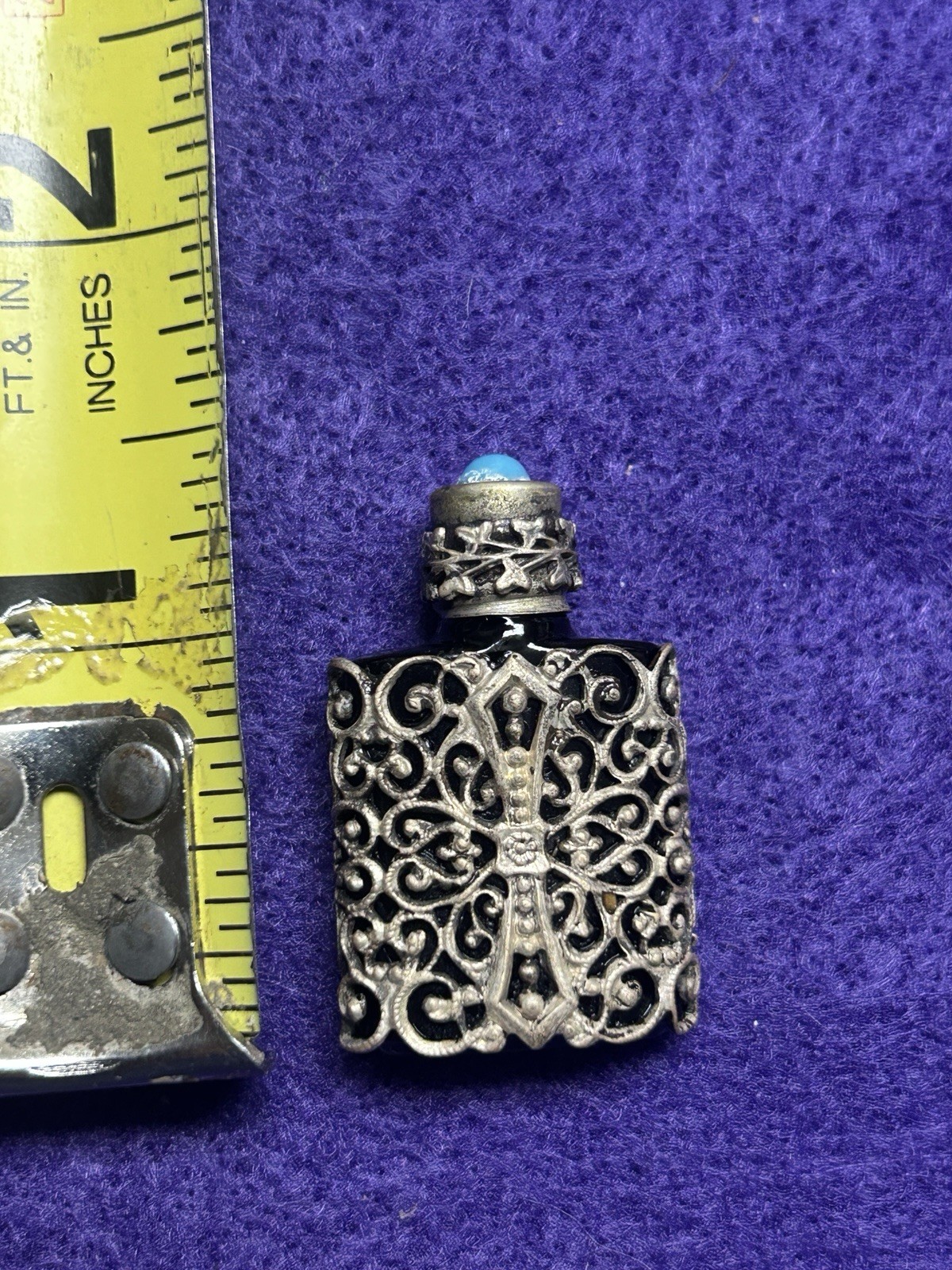 Vintage Silver Filigree Brown Glass Miniature Signed Monaco Perfume Bottle