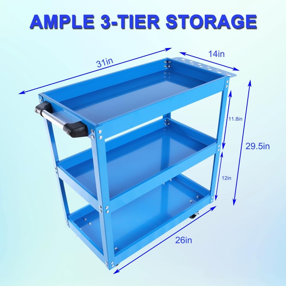3 Tier Blue Rolling Mechanic Tool Cart on Wheels, 450 LBS Heavy Duty Steel