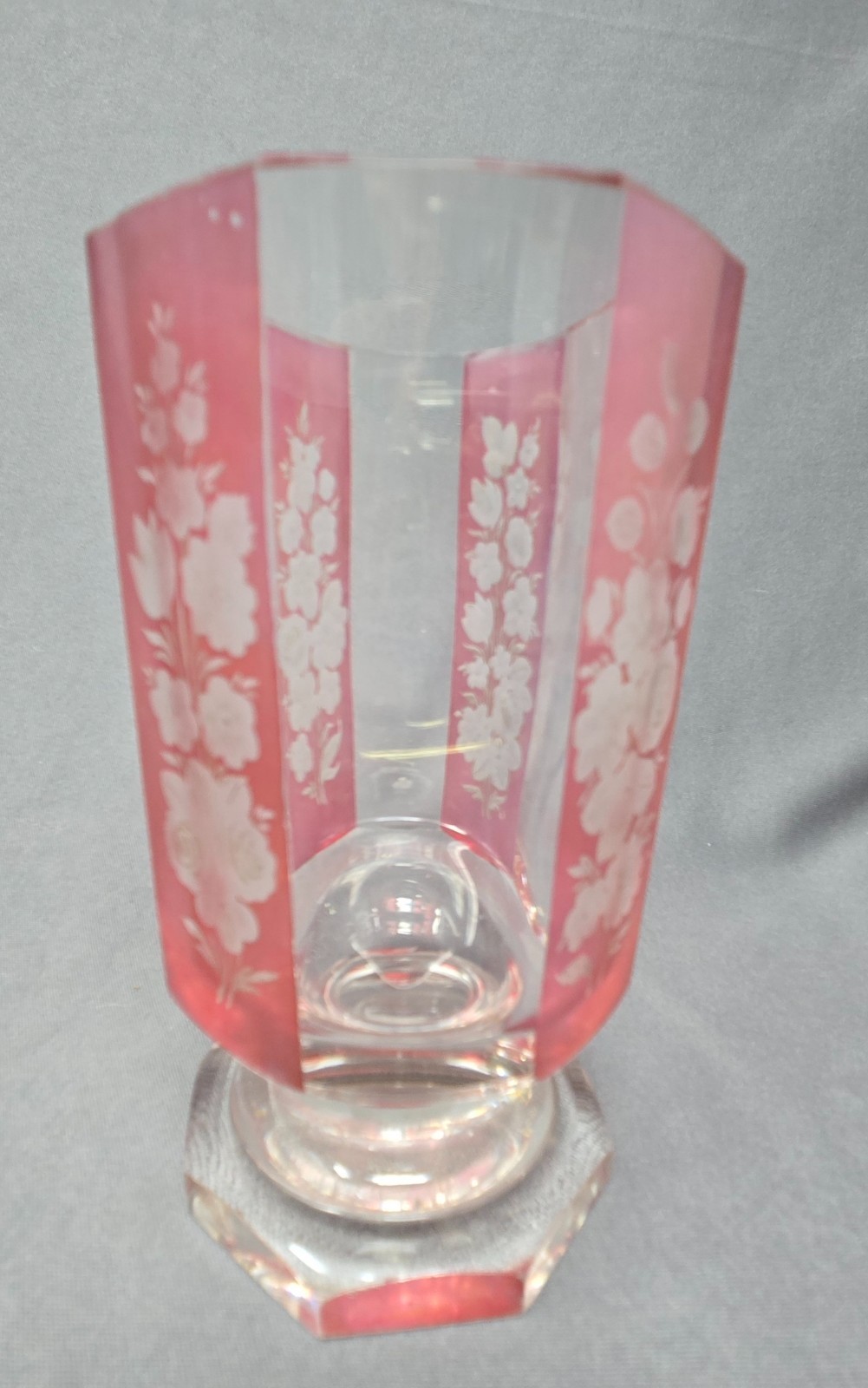 Bohemian Red Flashed Floral Etched Ale Glass
