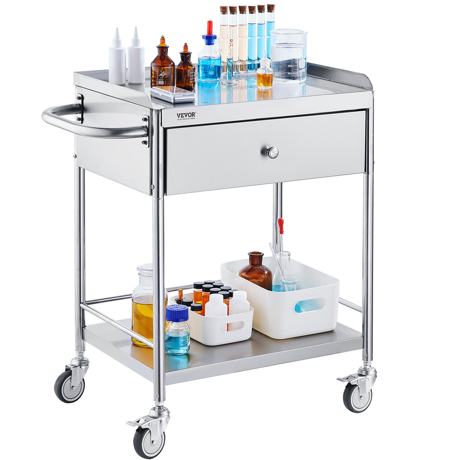 VEVOR 2-Tier Medical Trolley Steel Cart Mobile Lab Utility Cart with A Drawer