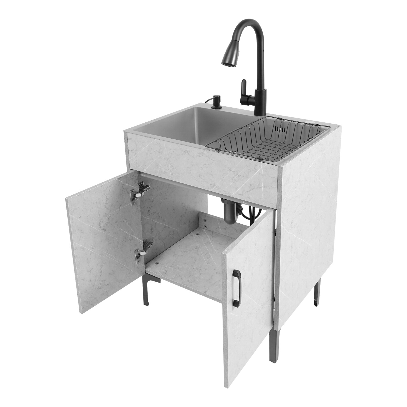 Gray Laundry Stainless Steel Sink with Cabinet + PDraining Basket+Faucet