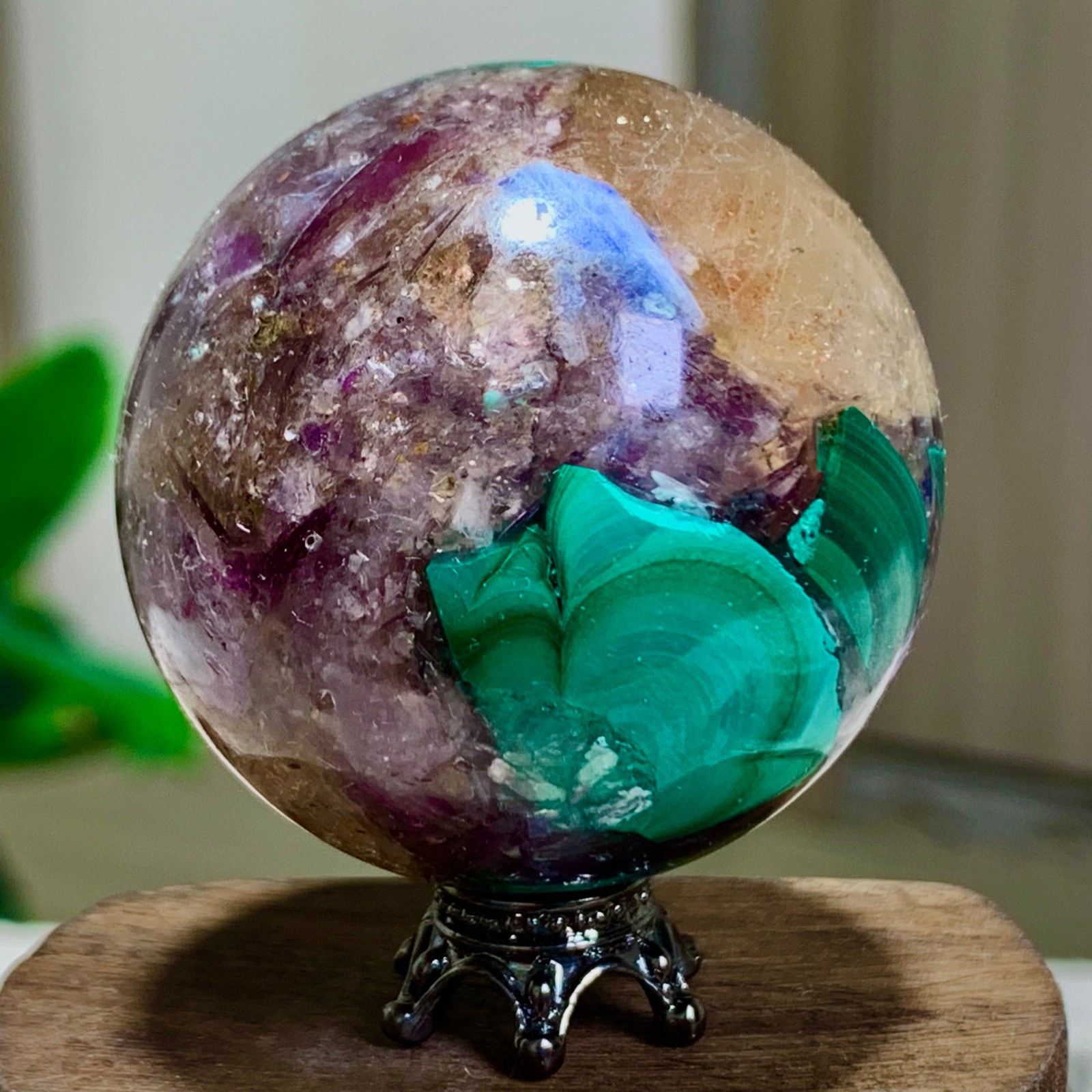 97G Newly discovered rare malachite purple mica symbiotic sphere restoration
