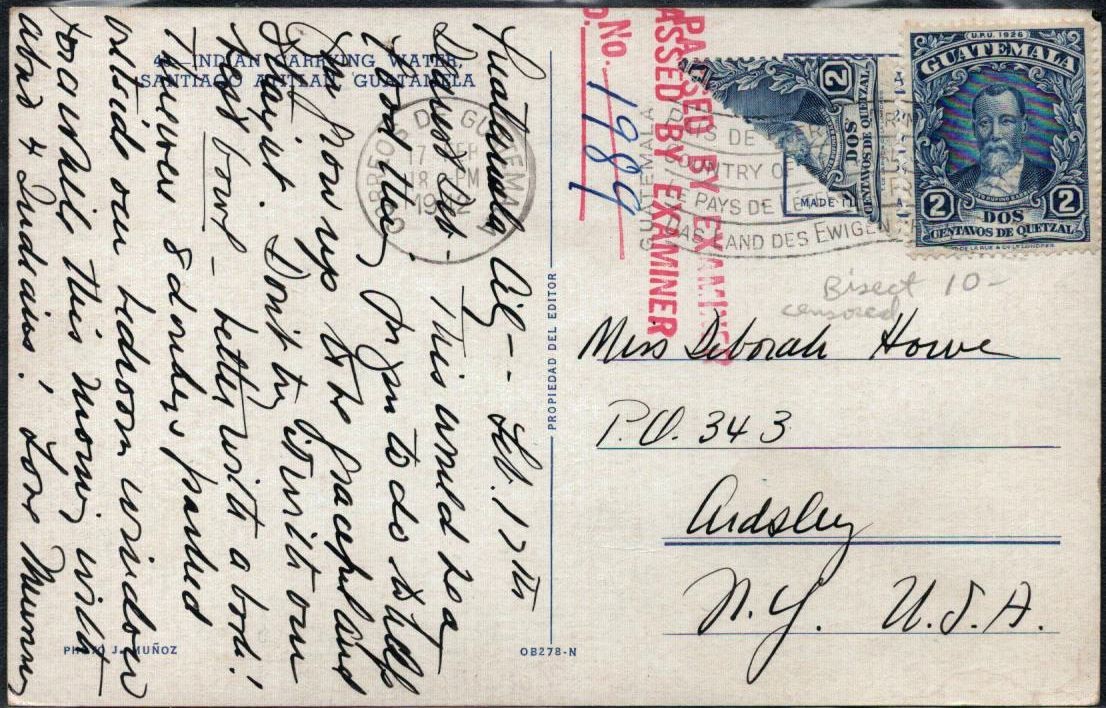1942 Guatemala Postcard - Native Woman - Censored - To New York - Bisect