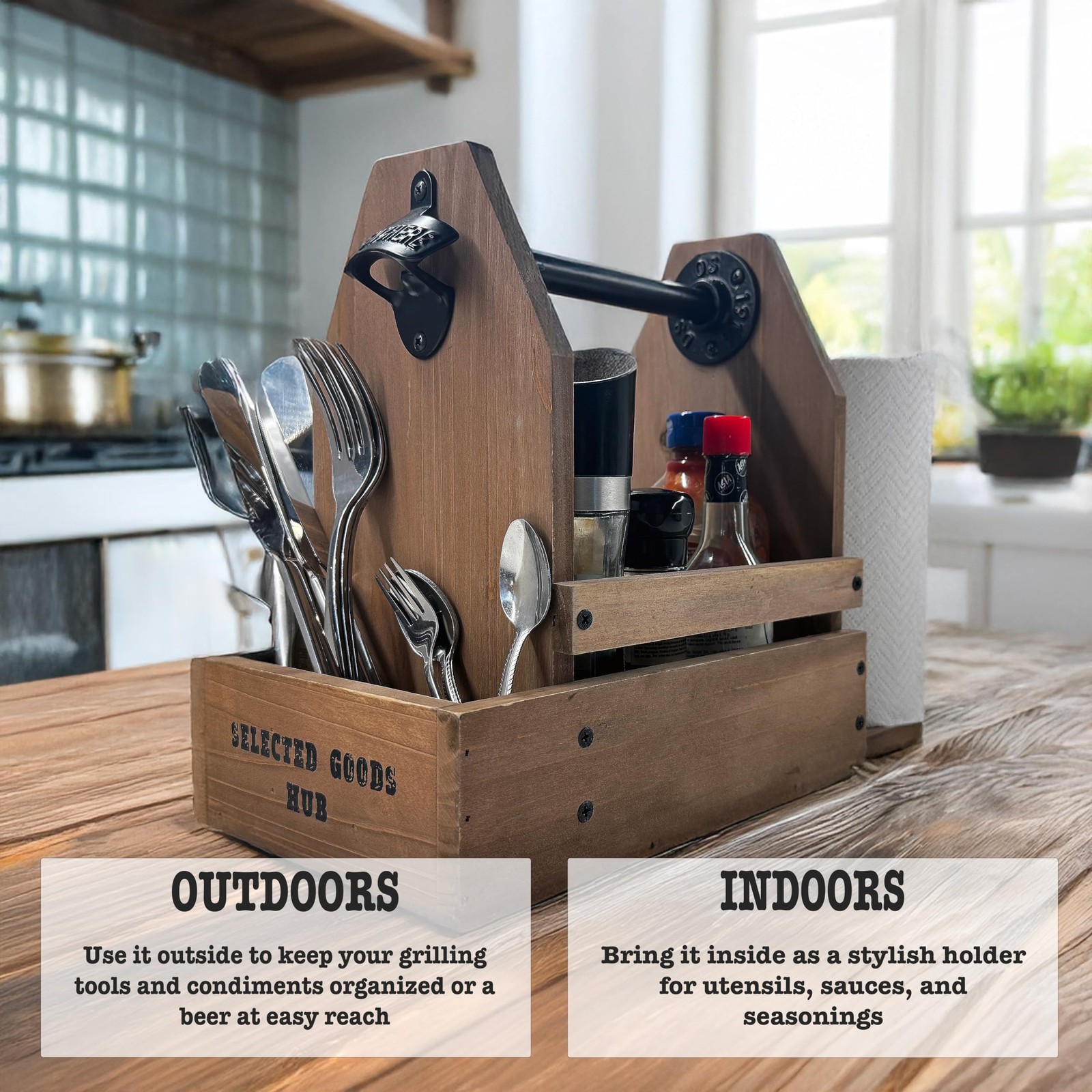 Wooden Grill Caddy Organizer - Versatile BBQ for Outdoor grill - brown