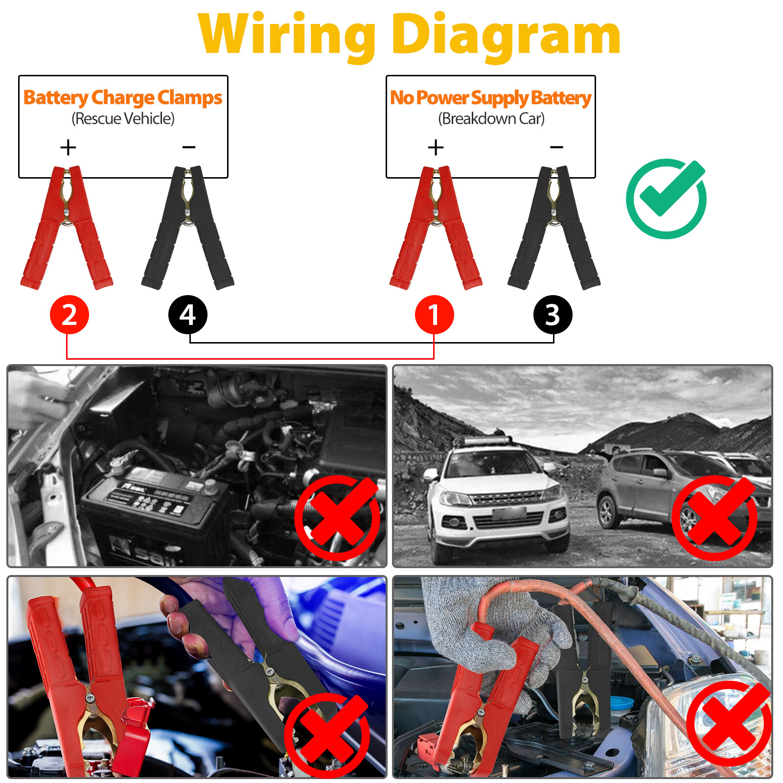 2PCS Heavy Duty Car Battery Clip Cables Alligator Clips Charger Clamp Tool Set