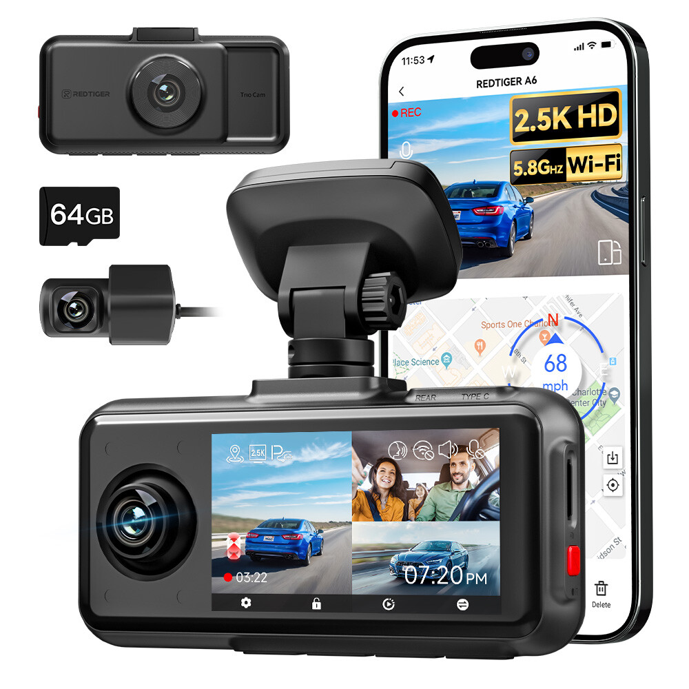 REDTIGER A6 3 Channel Dash Cam, 2.5K+1080P+1080P, 5.8GHz WiFi,3" Touch Screen