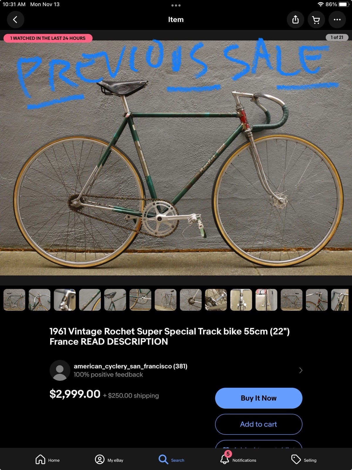 1960 Vintage Rochet Super Special Track Bike 55cm (22”) Made In France **RARE**