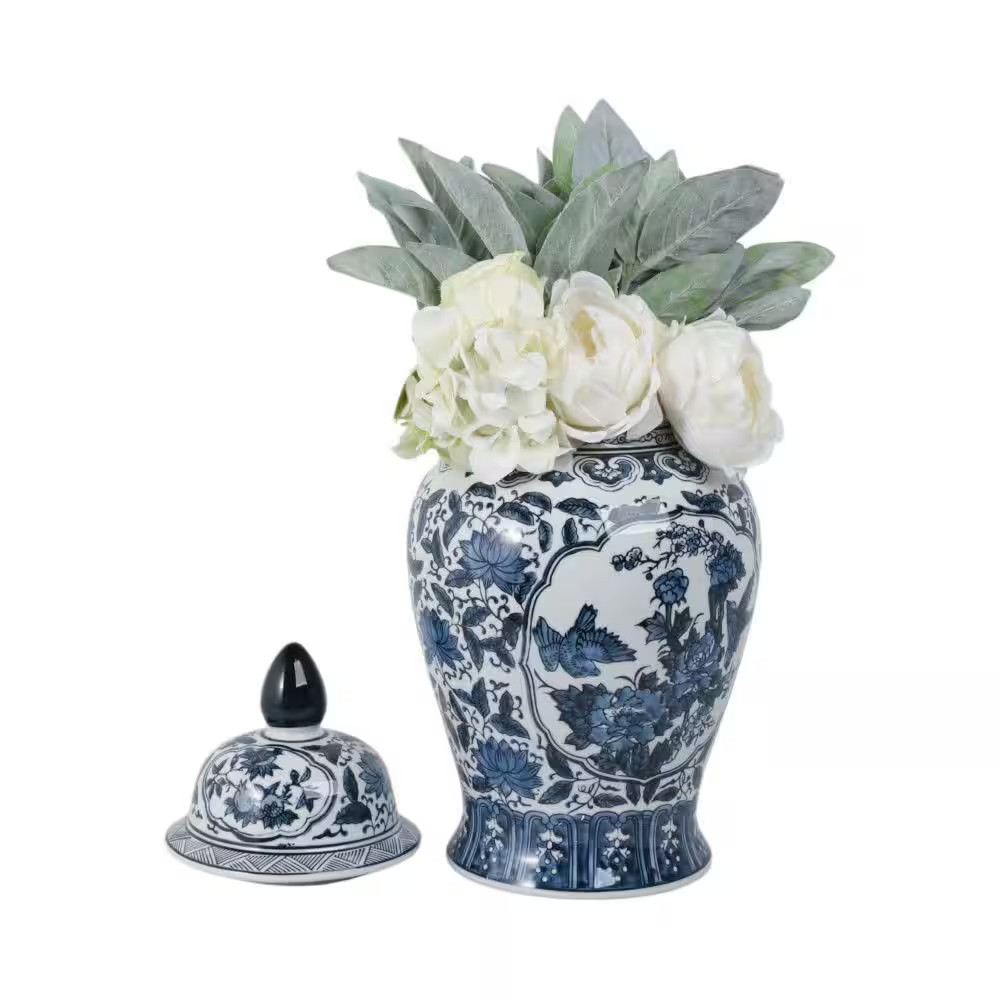 18.25 In. Blue Ceramic Chinoiserie Floral Decorative Jar
