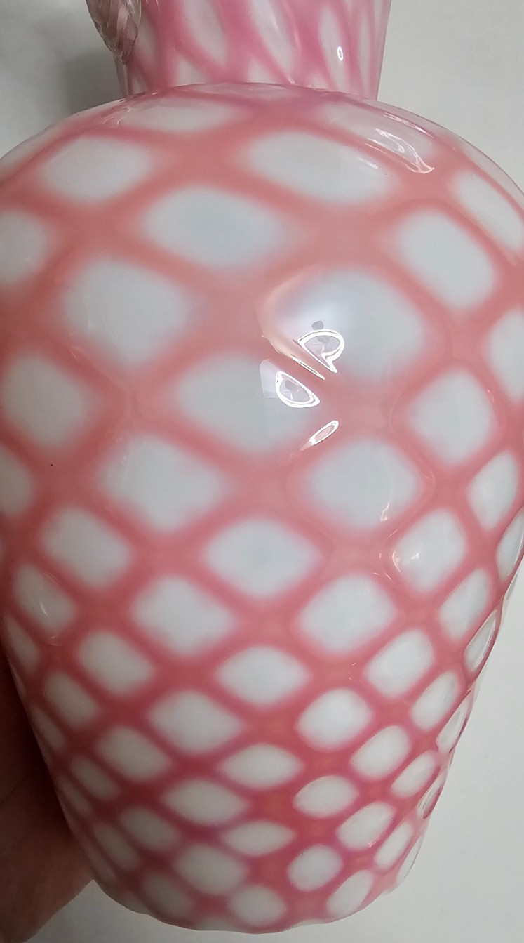 EAPG Victorian Glass Opaque Pink White Lattice Pitcher Jug