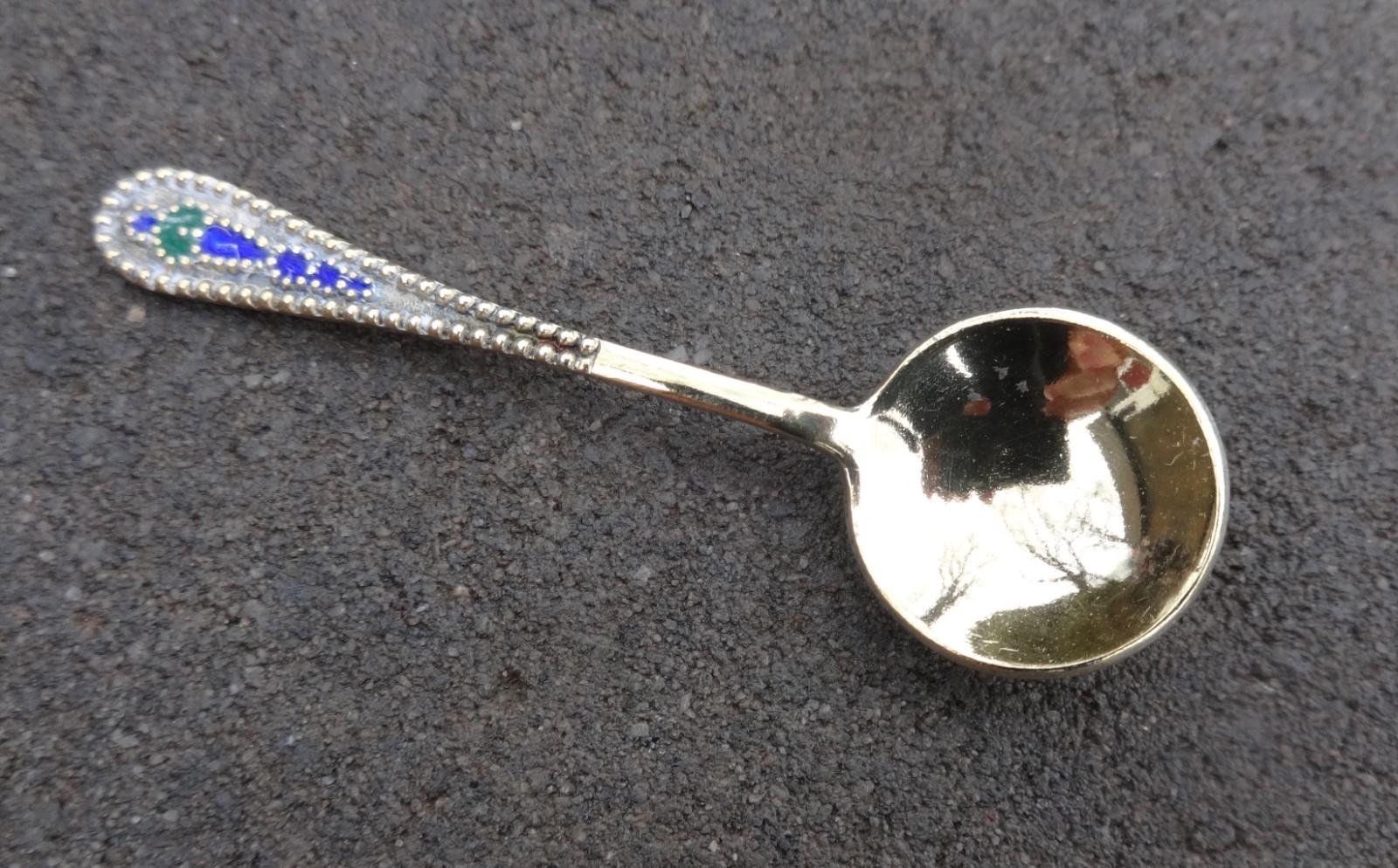 Enameled 875 Silver w/Gold Vermeil Russian Open Salt Dip, Cellar, Dish SPOON!