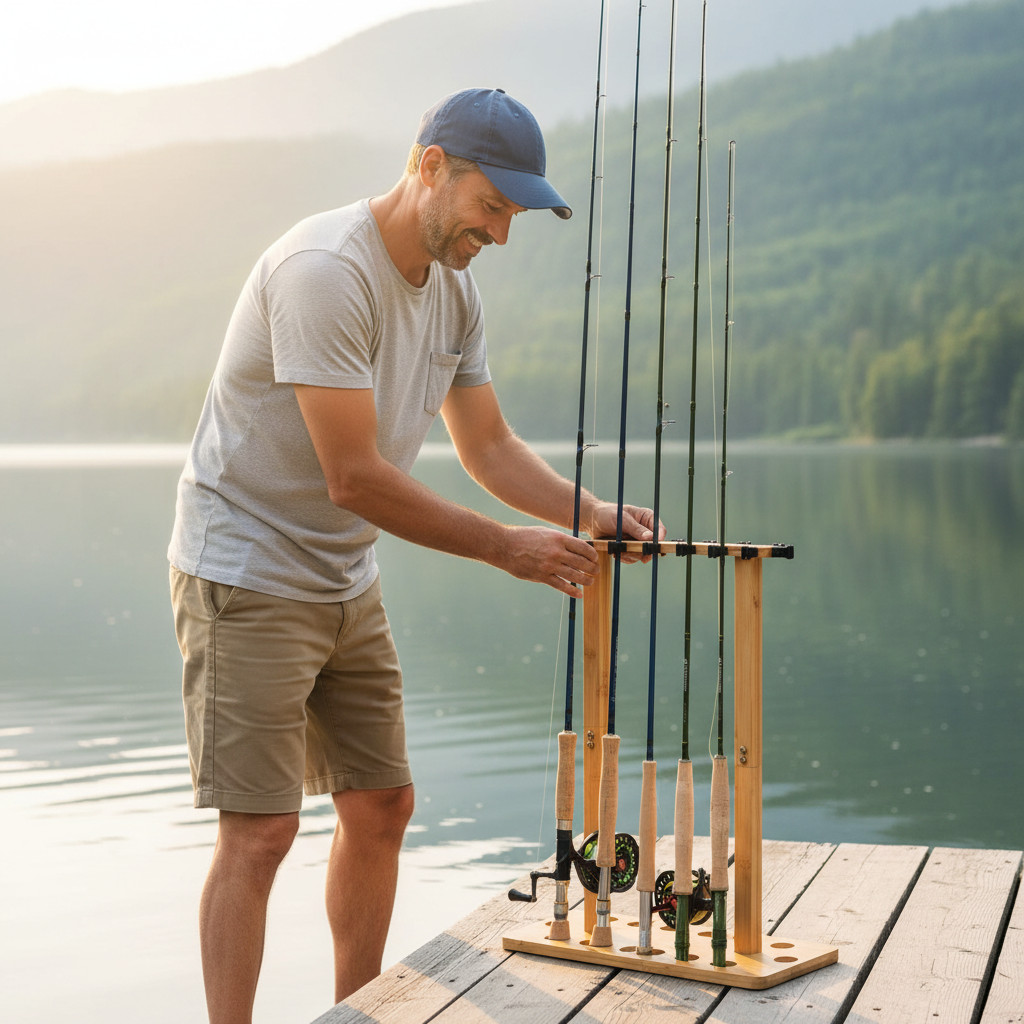 Fishing Pole Rod Racks—Floor Stand Bamboo Round rods holder for 14 Fishing