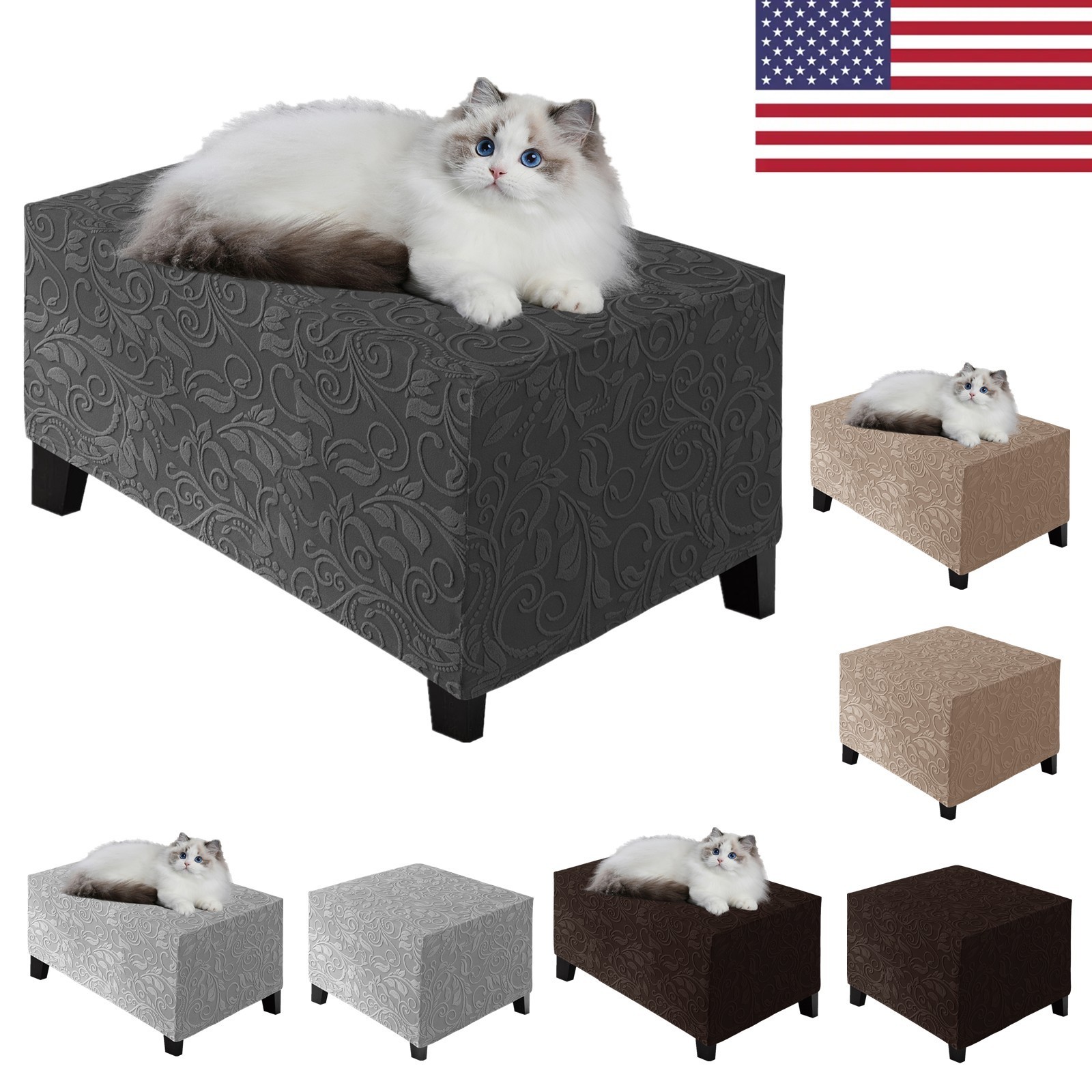 Stretch Jacquard Ottoman Cover Square Rectangle Footstool Cover Slipcover L/XL