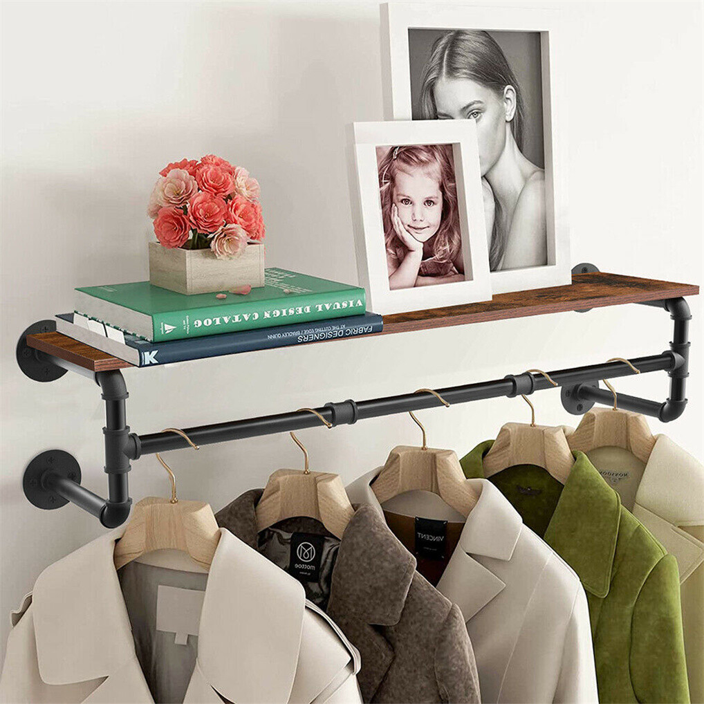 Clothes Rack w/ Top Shelf Industrial Pipe Wall Mounted Garment Rack Hanging Rail