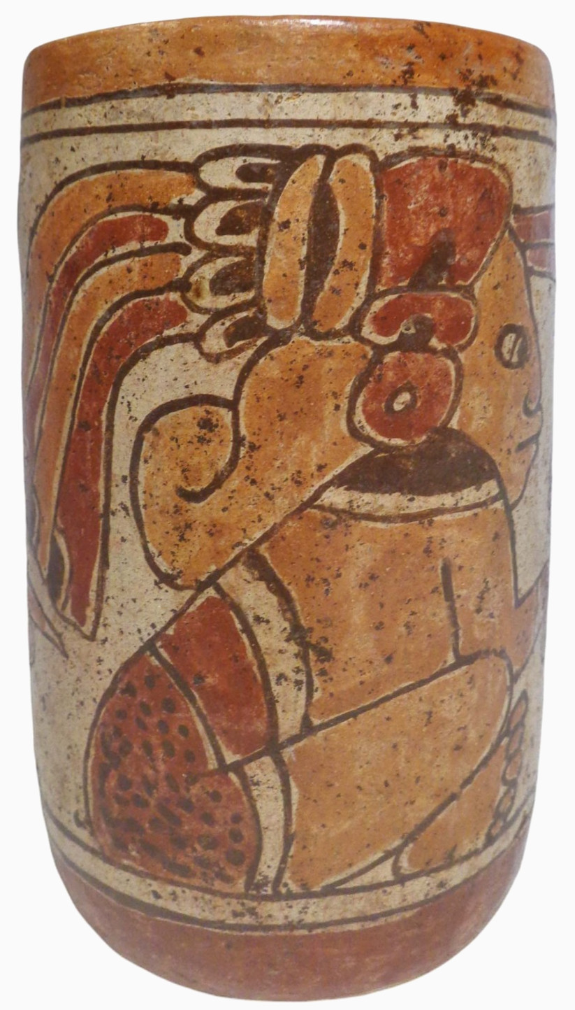 MID-CENT REPRO of PRE-COLUMBIAN HAND DEC CERAMIC CYLINDER VESSEL of SEATED DEITY