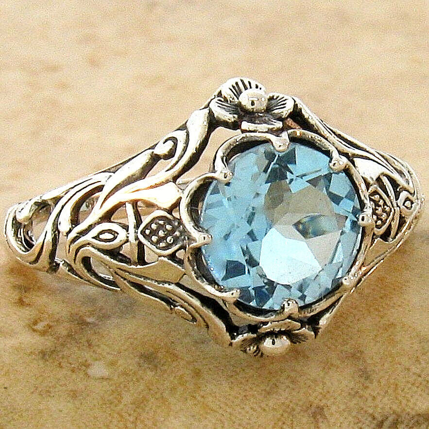 "SCOTTISH THISTLE" GENUINE BLUE TOPAZ 925 SILVER NOUVEAU ANTIQUE STYLE RING 217X