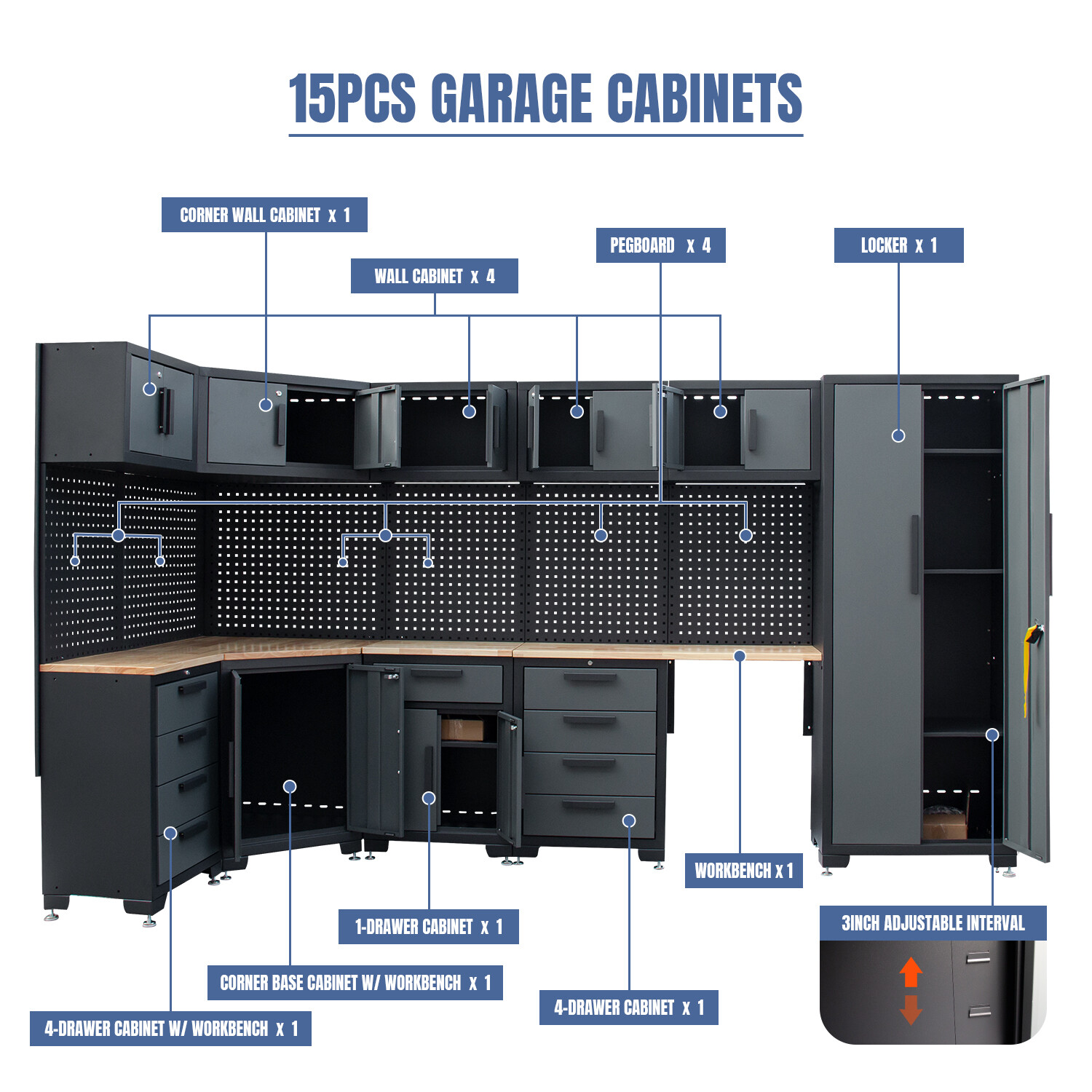 Garage Storage Cabinet 15Pcs Workshop W/Steel Cabinet Drawers Workbench Pegboard