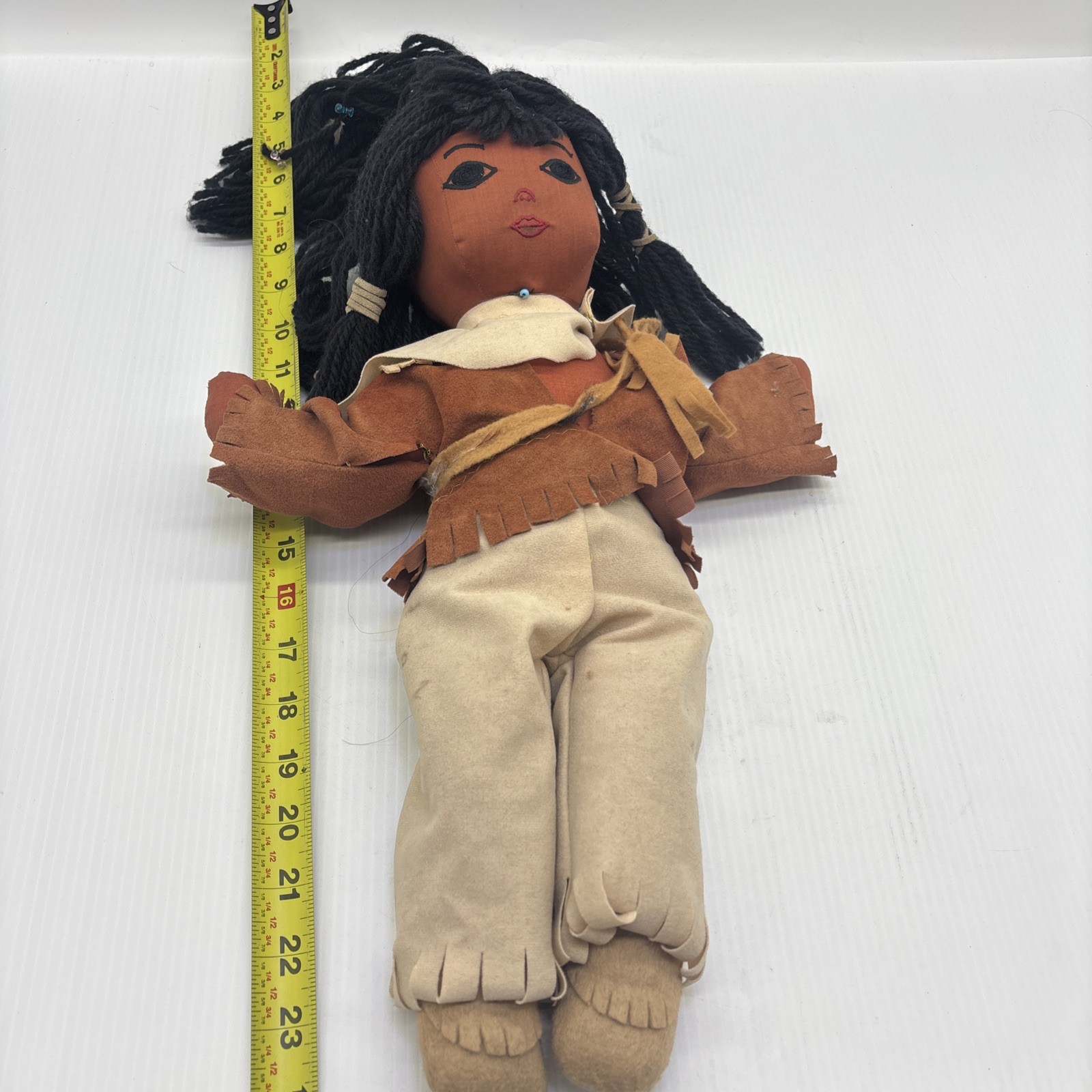 Native American Doll Yarn Hair Vintage Beads In Her Hair Female Doll {70}