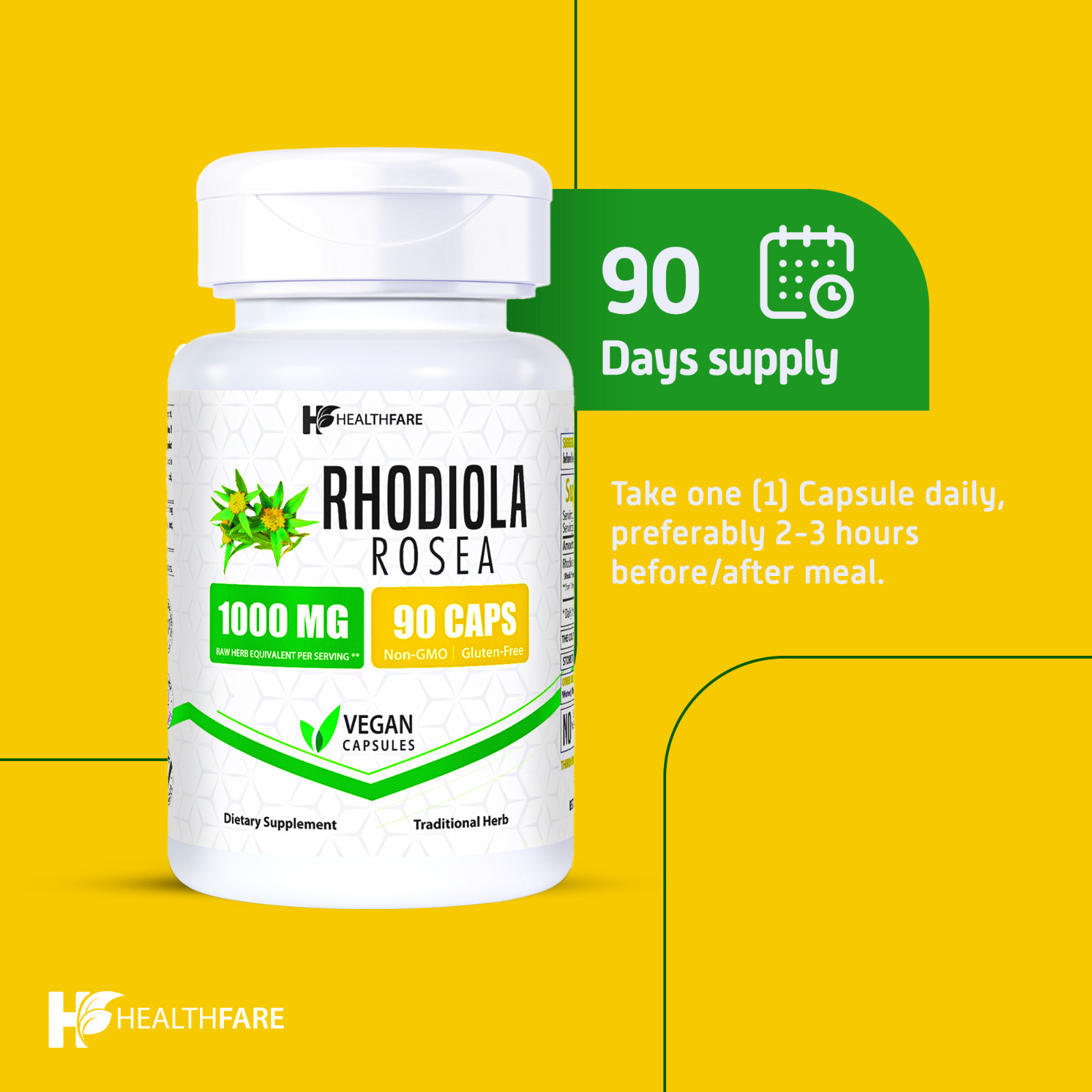 Healthfare Rhodiola Rosea Capsules 1000mg Equivalent | 90 Vegan Capsules