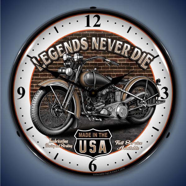 NEW LEGENDS NEVER DIE MOTORCYCLE BIKE RETRO L.E.D. LIGHTED CLOCK - FREE SHIP*
